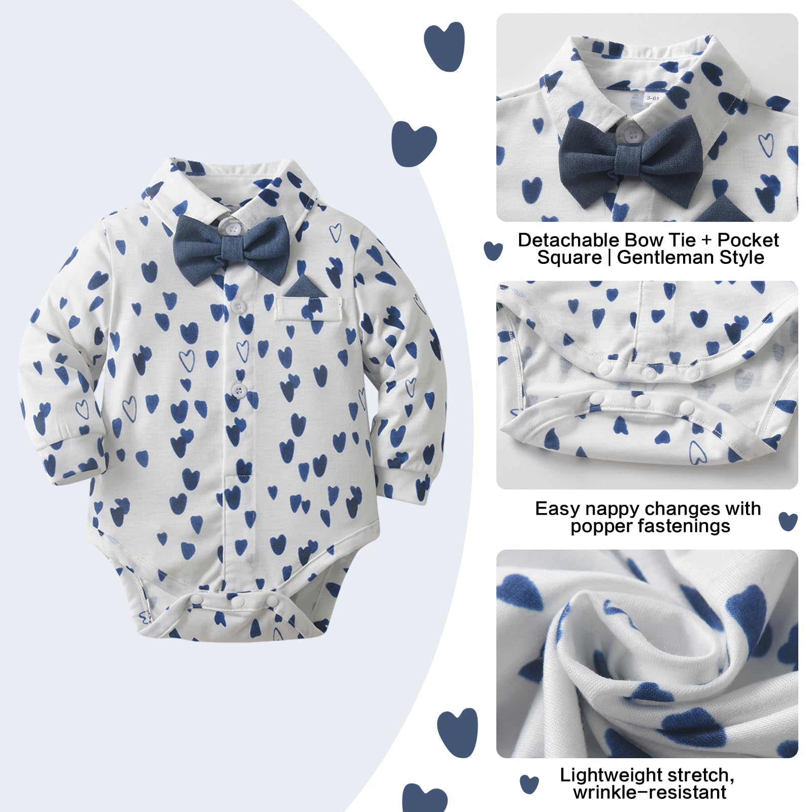 Set completo per neonato body con bretelle e papillon e berretto piatto, completo elegante da cerimonia per neonato, abito da gentiluomo per matrimoni, battesimi e compleanni, 0-18 mesi