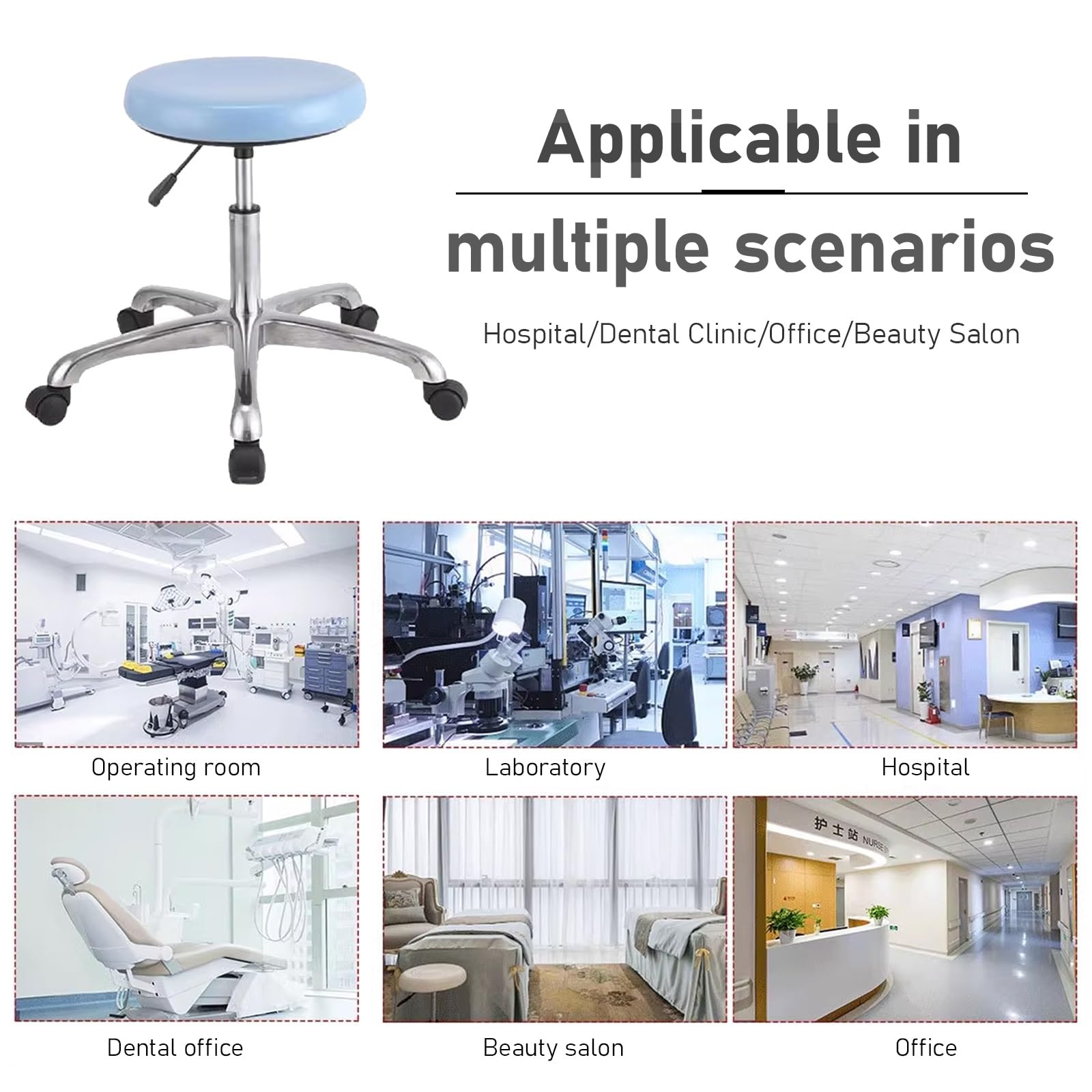 Taburete médico con ruedas, altura ajustable, cojín de piel sintética, multiusos, taburetes de oficina para salón, masaje, clínica, laboratorio, oficina