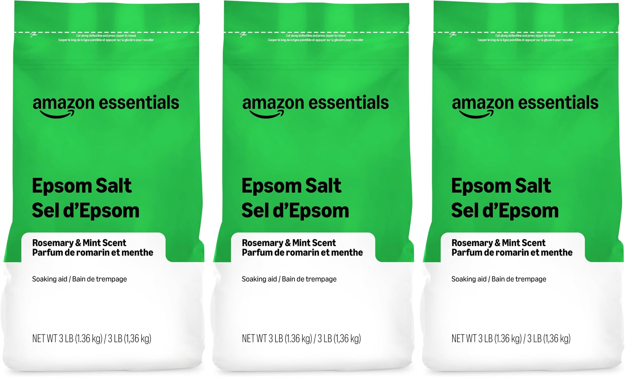 Amazon Basics Epsom Salt Soaking Aid, Soothing Rosemary &amp; Mint Scent, 3 Pound (Pack of 3) (Previously Solimo)