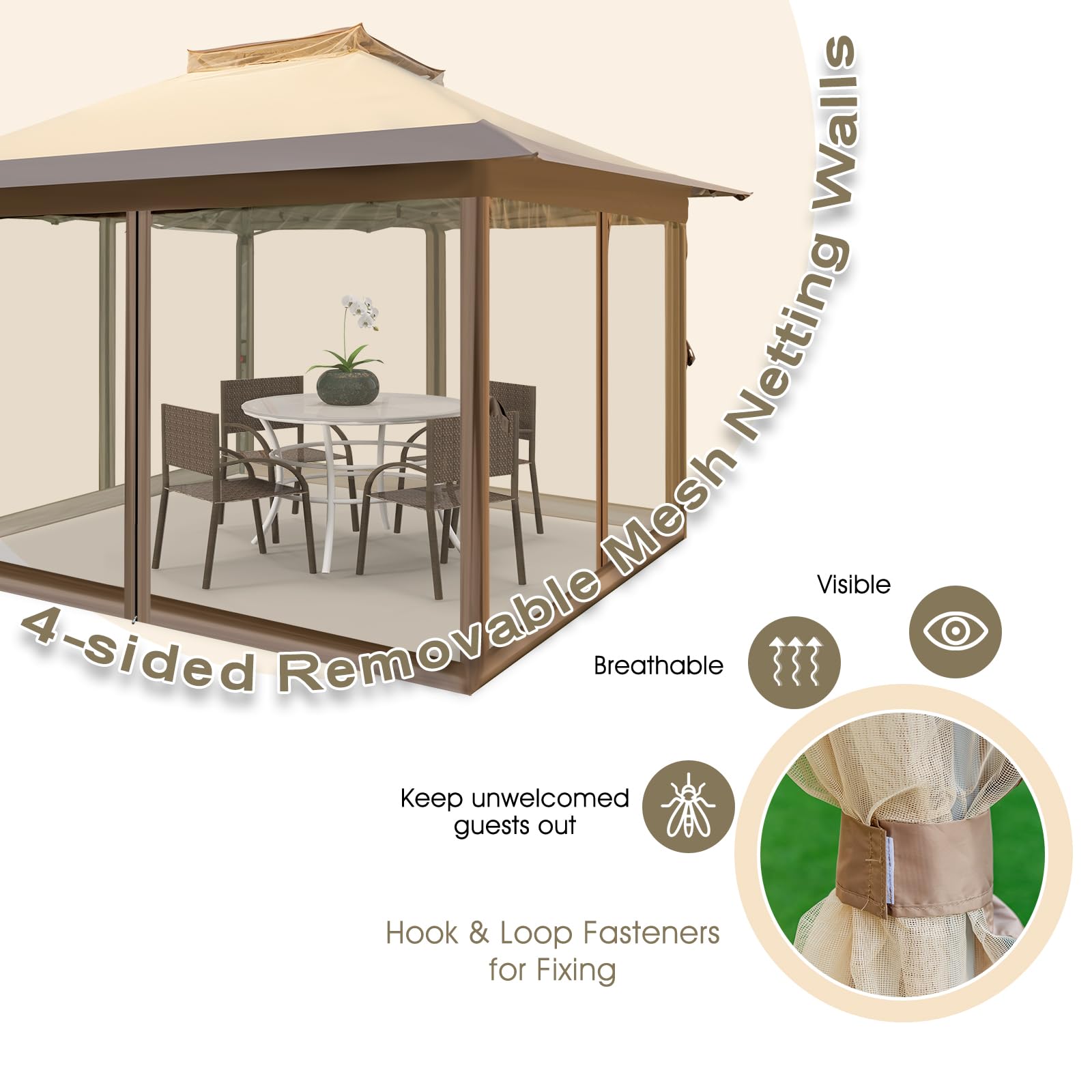 HOMASIS Gazebo Pieghevole con Tetto Doppio 3,6 x 3,6 m, Gazebo Esterno Resistente, Gazebo da Giardino in Altezza Regolabile con Cavi Anti-Vento/Sacchi di Sabbia/Borsa con Ruote, Cachi (Stile 1)