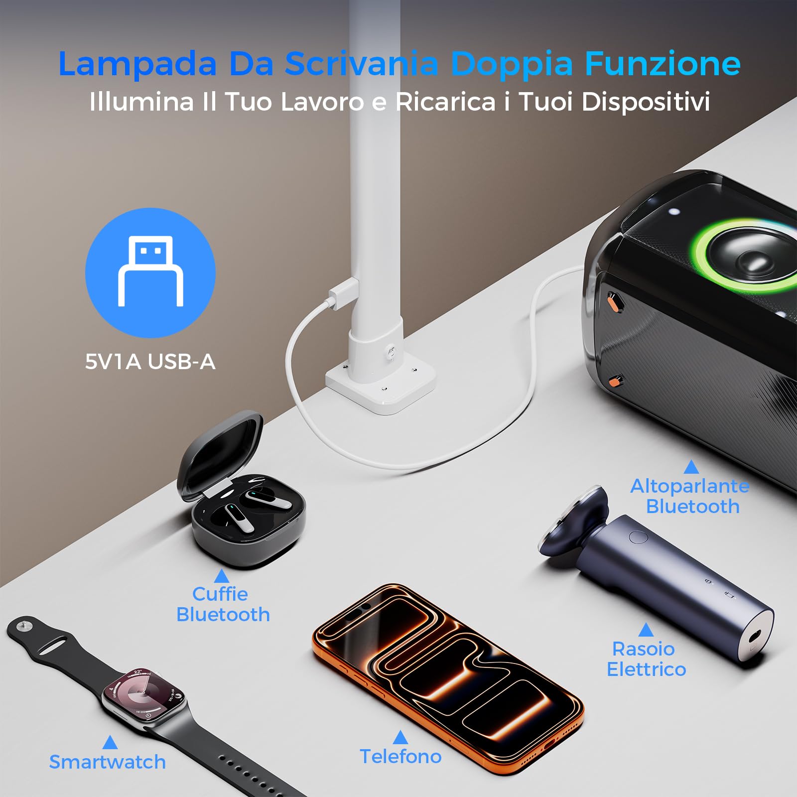 W01 Lampada da Scrivania a LED con Telecomando - 24W 1400LM 80CM Luce Scrivania Filo con Morsetto Lampada da Lettura Collo D'oca Regolabile, Porta di ricarica USB per Ufficio Studiare, Bianco
