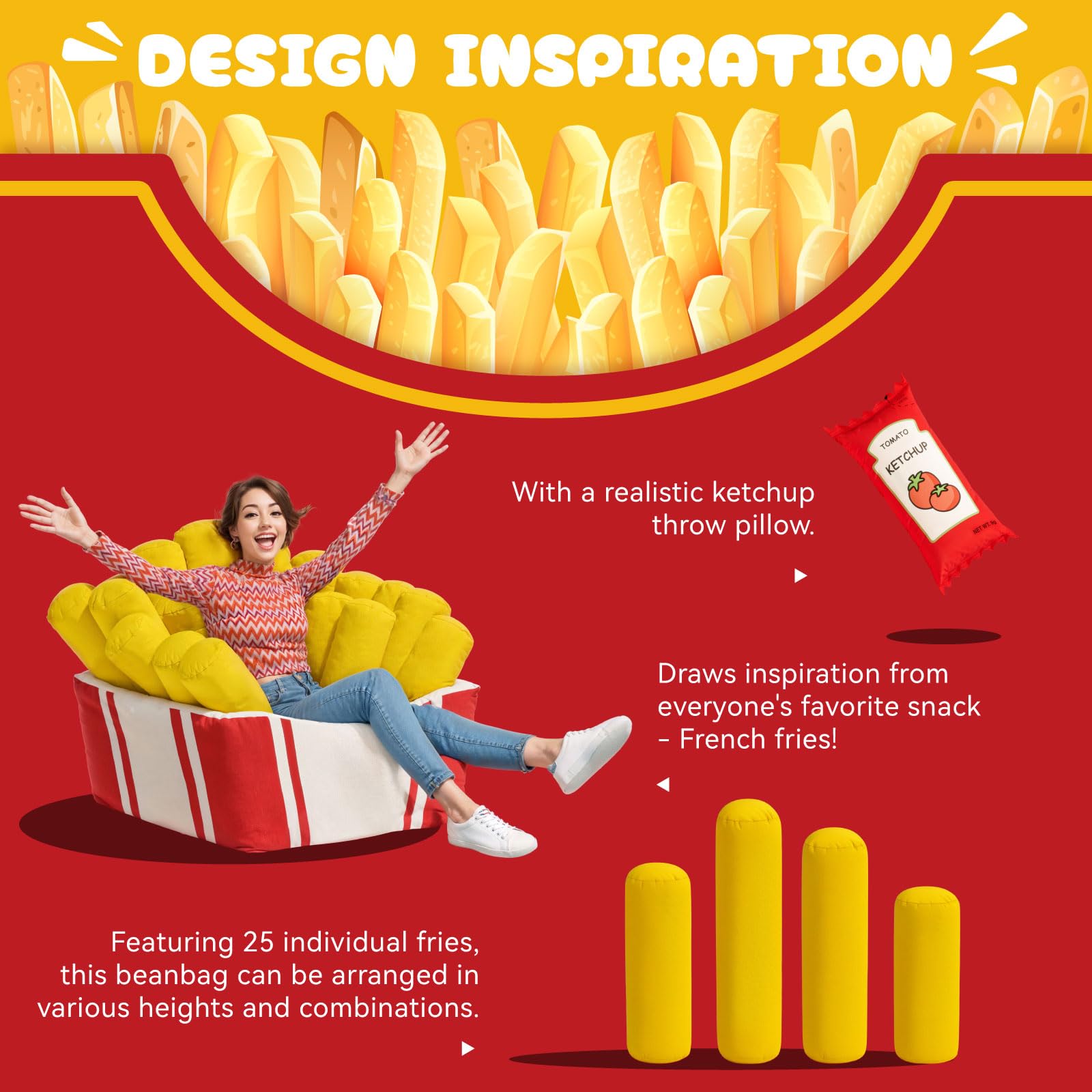 Daneey Large Bean Bag Chairs for Teens/Kids with Filling, Oversized Bean Bag Couch, Fries Shaped Lazy Floor Sofa Chair for Reading & Relaxing, Chair with Filler