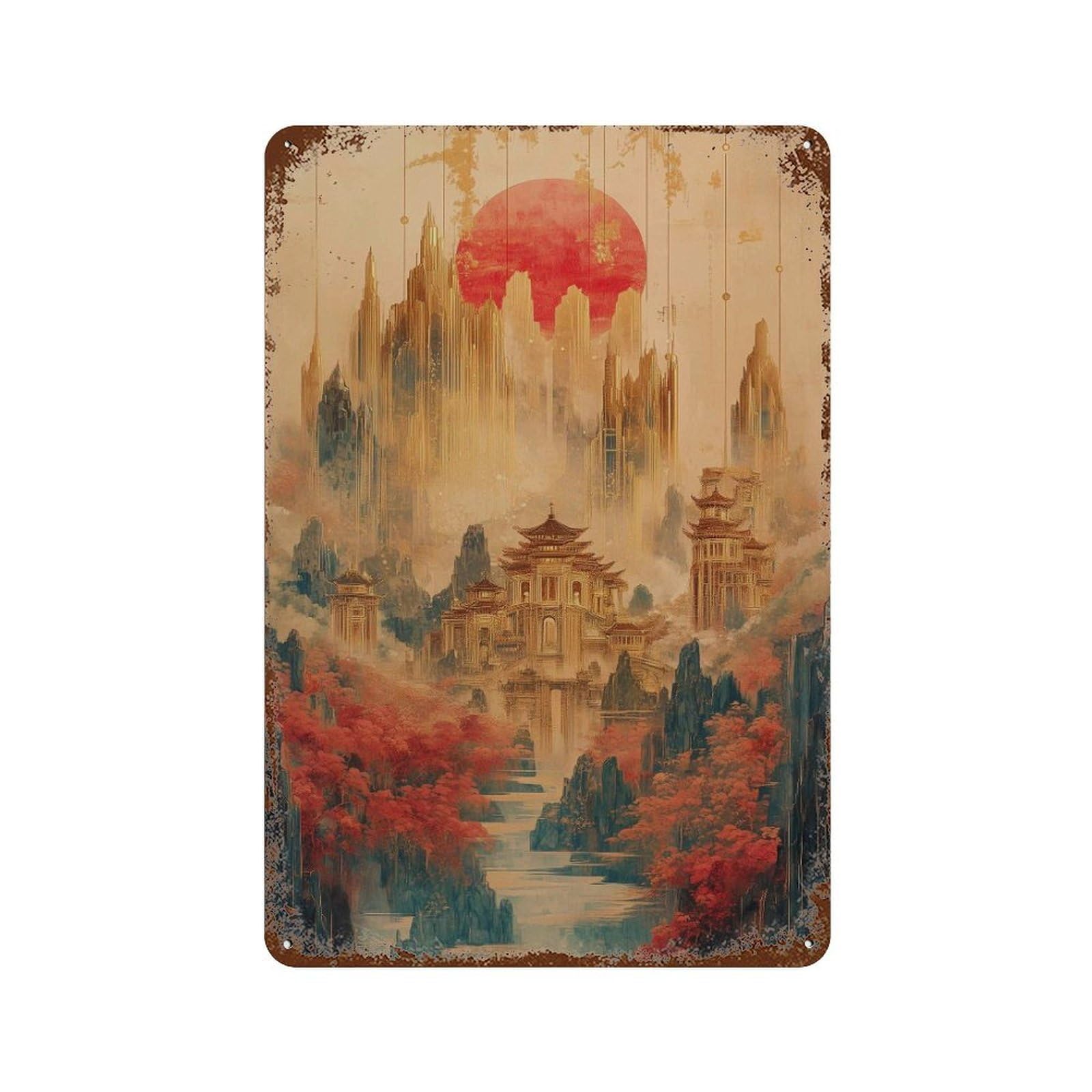 xiaoxiaoshen Ancient Temple Landscape Red Sun Japanese Style Mystical Mountain Living Room Wall Decor Art Metal Tin Poster Modern Home Decor Art Home Bar Shop Decorations Vintage Sign 30x20cm