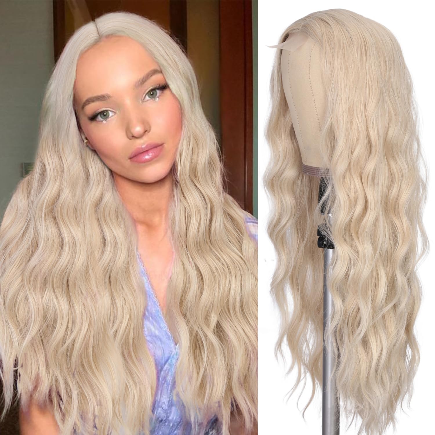 Hanne Fashion Long Wavy Wig Blonde Wigs for Women Middle Part Platinum Blonde Wig Synthetic Wigs for Party Cosplay Use (Blonde)