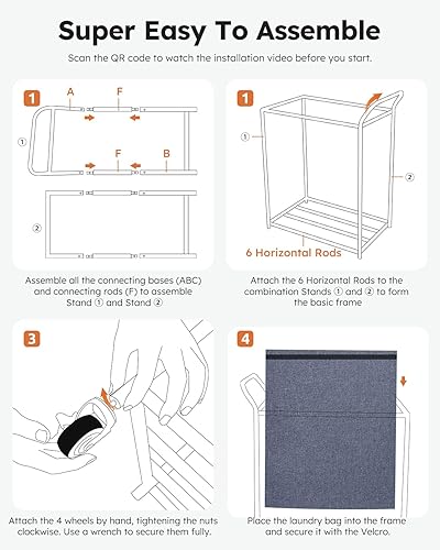 Miniatura 6 de SOLEDI Cesta doble para la ropa sucia con ruedas, 36 galones (135 litros), cesta grande de 2 secciones, marco de metal resistente con asa, carrito