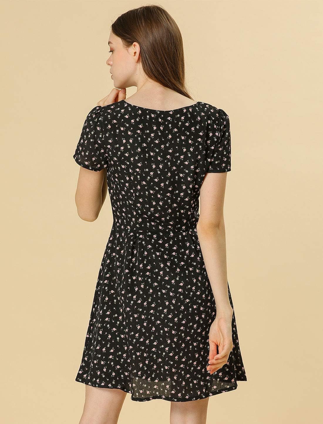 Allegra K Women's Printed Dress Summer 2025 Casual Square Neck Short Sleeve Fit and Flare Dresses - Image 5