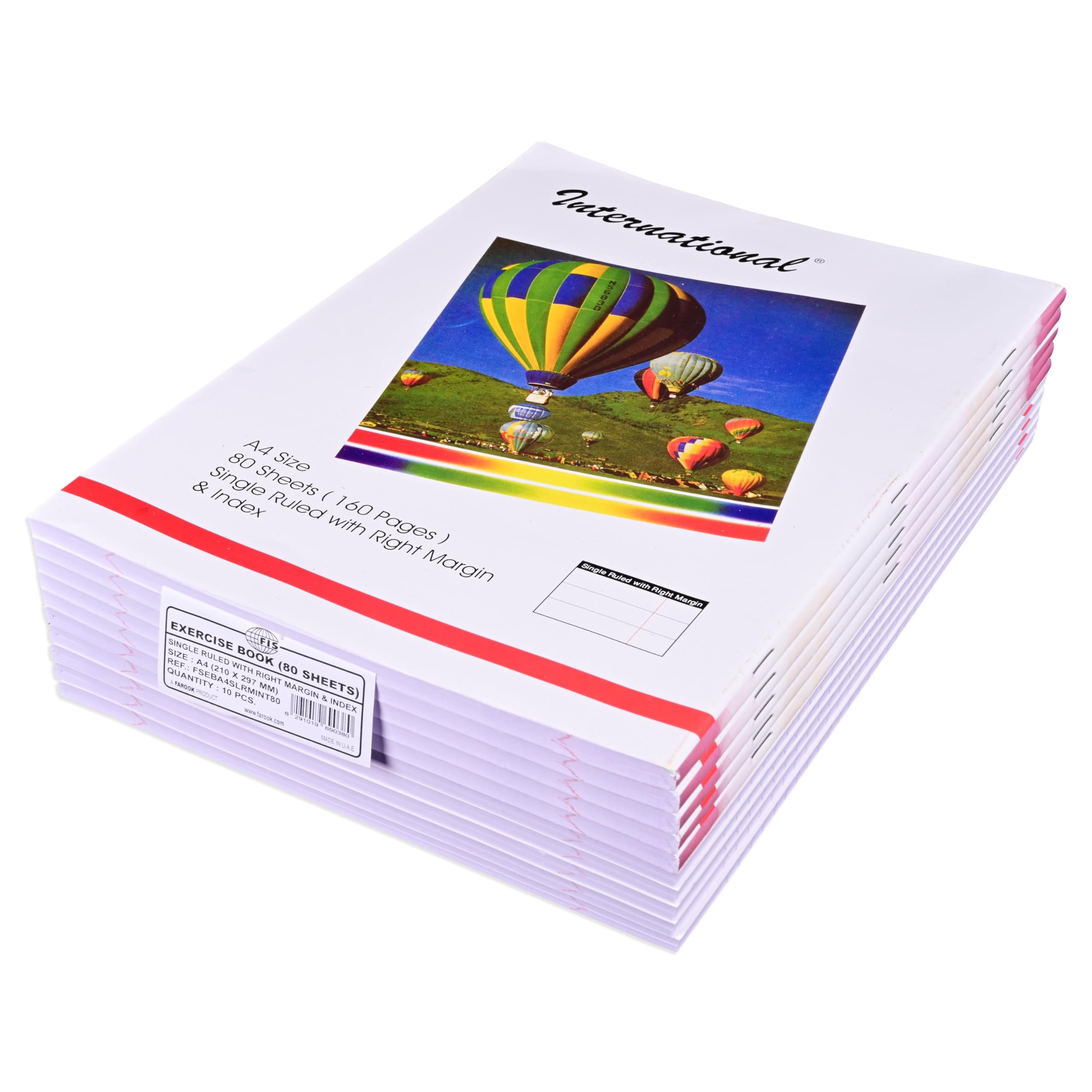 FIS® Exercise Book International, Size A4(210x297mm), 80 Sheets, 160 Pages, Single Line Ruling with Right Margin & Index, Packet of 10 Pieces, White Cover with Design-FSEBA4SLRMINT80