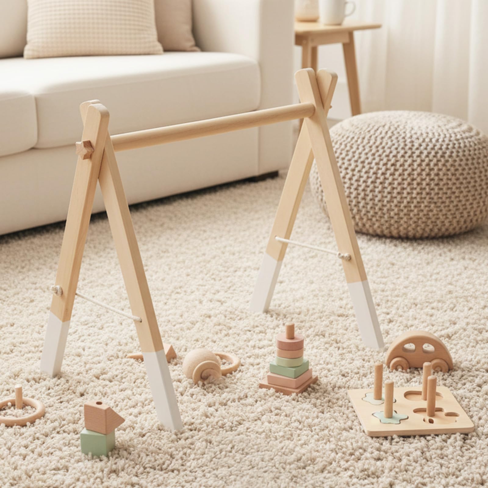 Holz Baby Spielbogen - Natürliches Holz Activity Archmit 5 abnehmbaren Sensorik Spielzeugen zum Greifen, Montessori Holz Spielbogen Wickeltisch für Babys ab 0+ Monaten - Baby Geschenk (Style A)