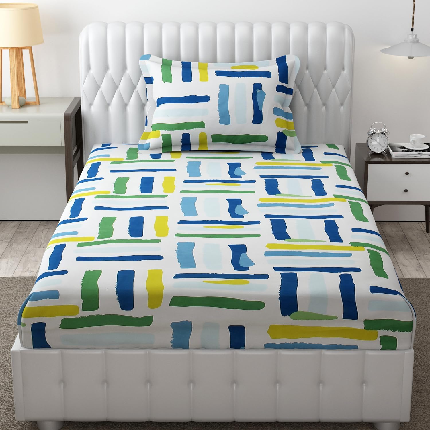 DECOMIZER Microfiber Soft Cotton Single Bed Bedsheet for Diwan Bed, Size 60 Inches X 90 Inches, 152 X 230 cm with 1 Large Size Pillow Covers Without Joint - White Lines