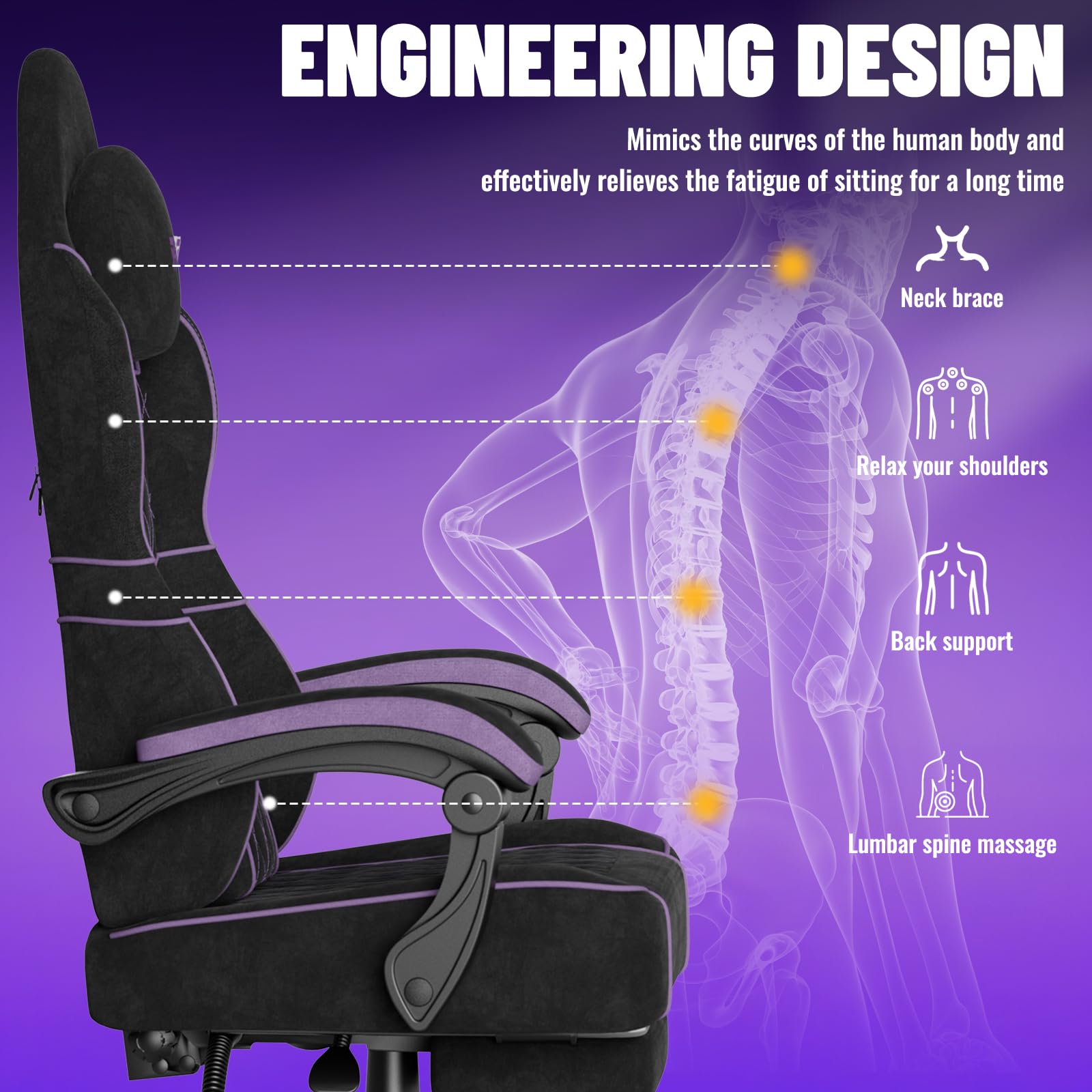 Soontrans Sedia da Gaming con Poggiapiedi, Sedia Gaming Ergonomica con Poggiatesta & Cuscino Lombare Massaggio, Pelle Scamosciata, Sedie Gaming per Youtube Livestreaming Playstation (Nero&Viola)