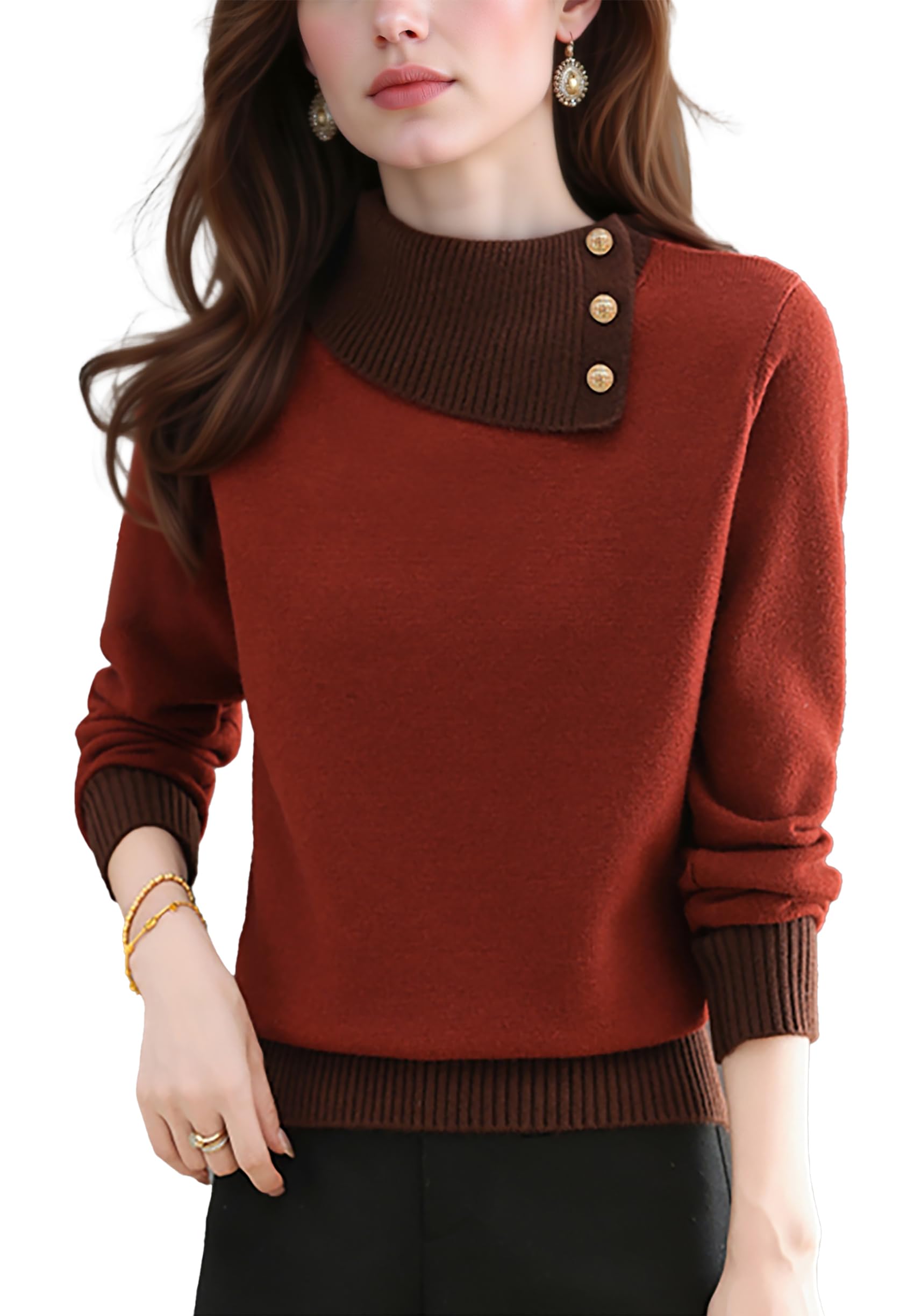 LAI MENG FIVE CATS Womens Asymmetrical Lapel Sweaters 2 in 1 Color Block Ribbed Knit Fall Pullover Tops