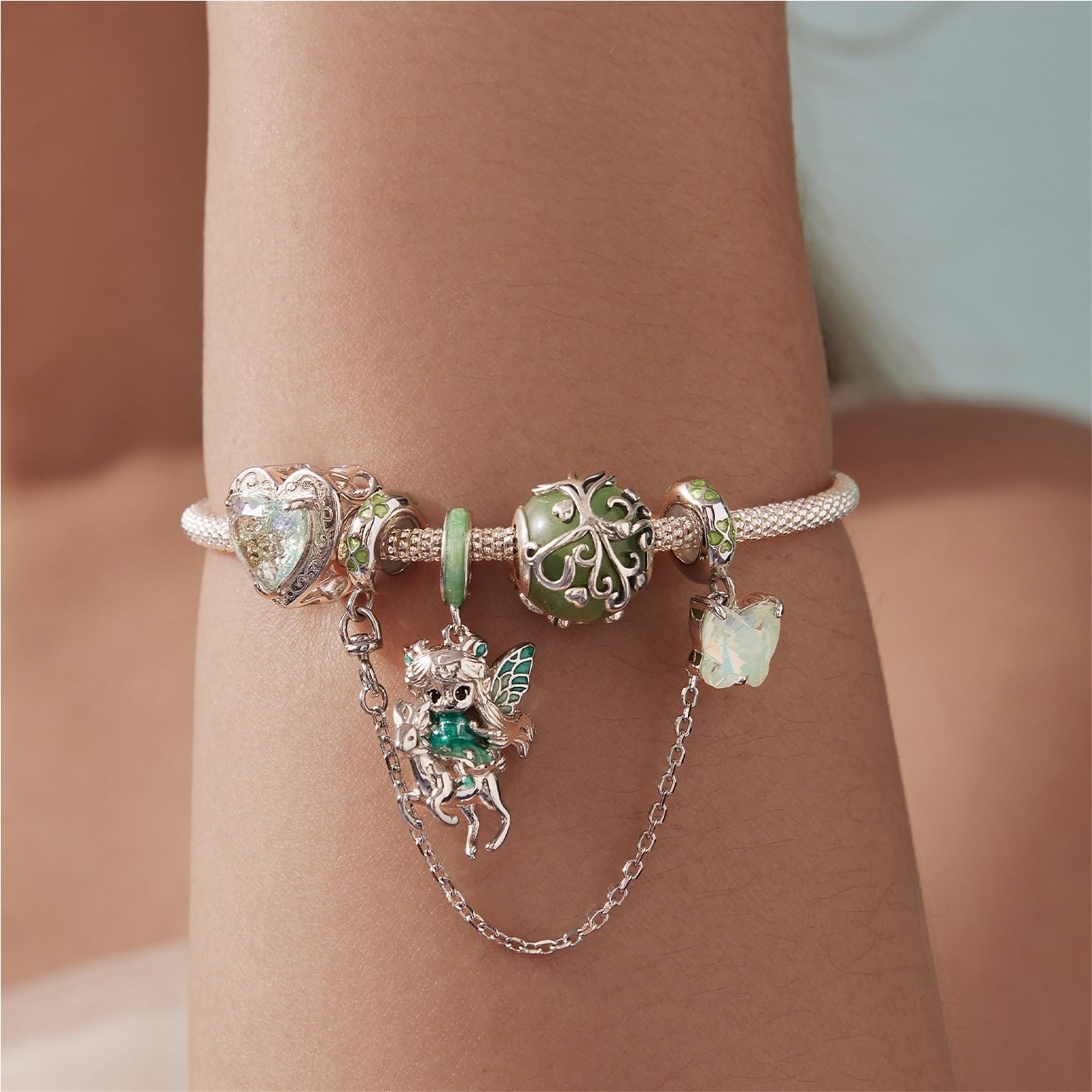 Charms da donna in argento sterling 925 con tema foresta, serie elfo verde, for bracciale Pandora. Un regalo festivo fresco e delicato for la creazione di gioielli fai da te.