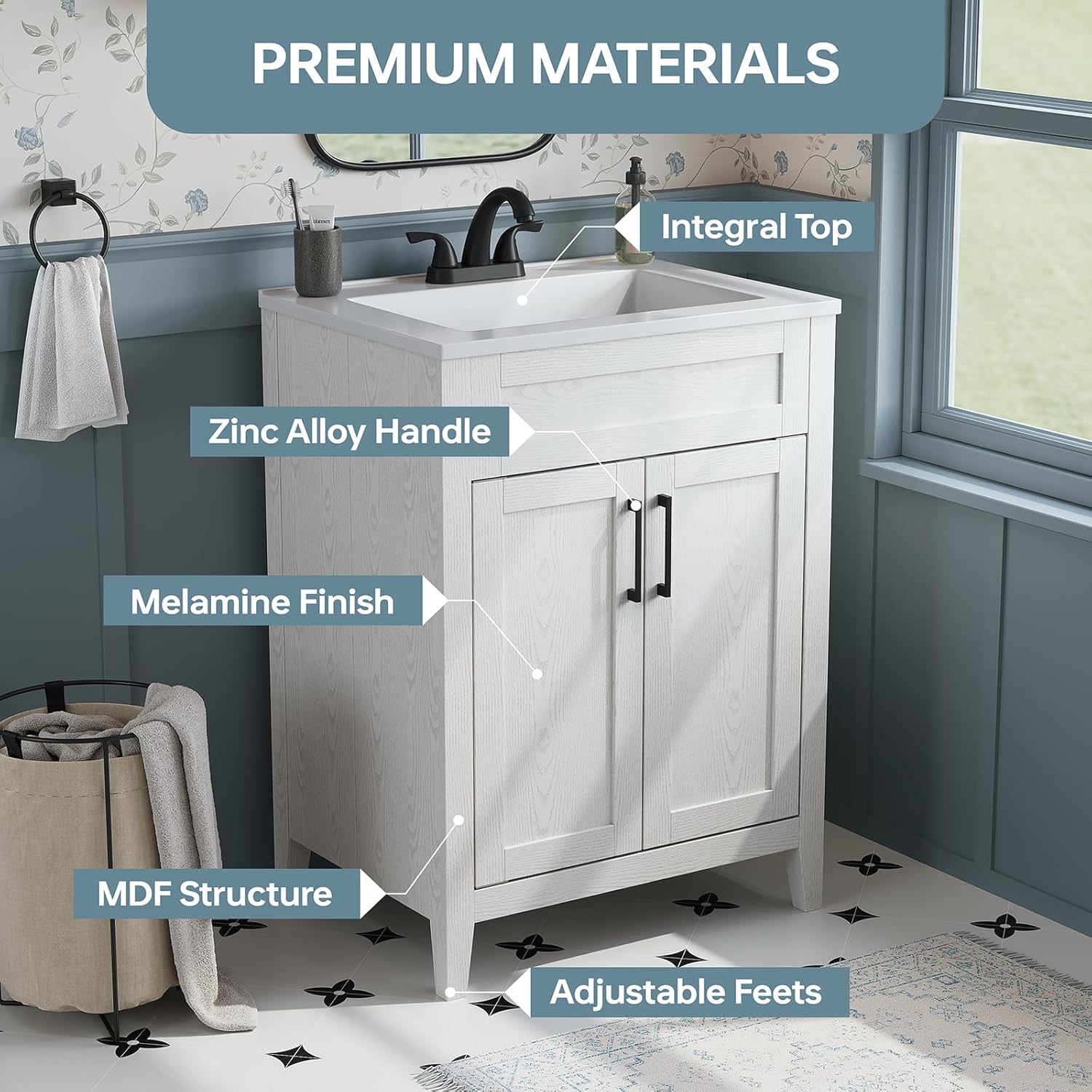 24 Inch Folding Bathroom Vanity with Sink, White Bathroom Vanity with Sink, Easy to Assemble Bathroom Sink Cabinet, 24 Inch Vanity with Integral Sink, Large Storage & Wood Grain Finish