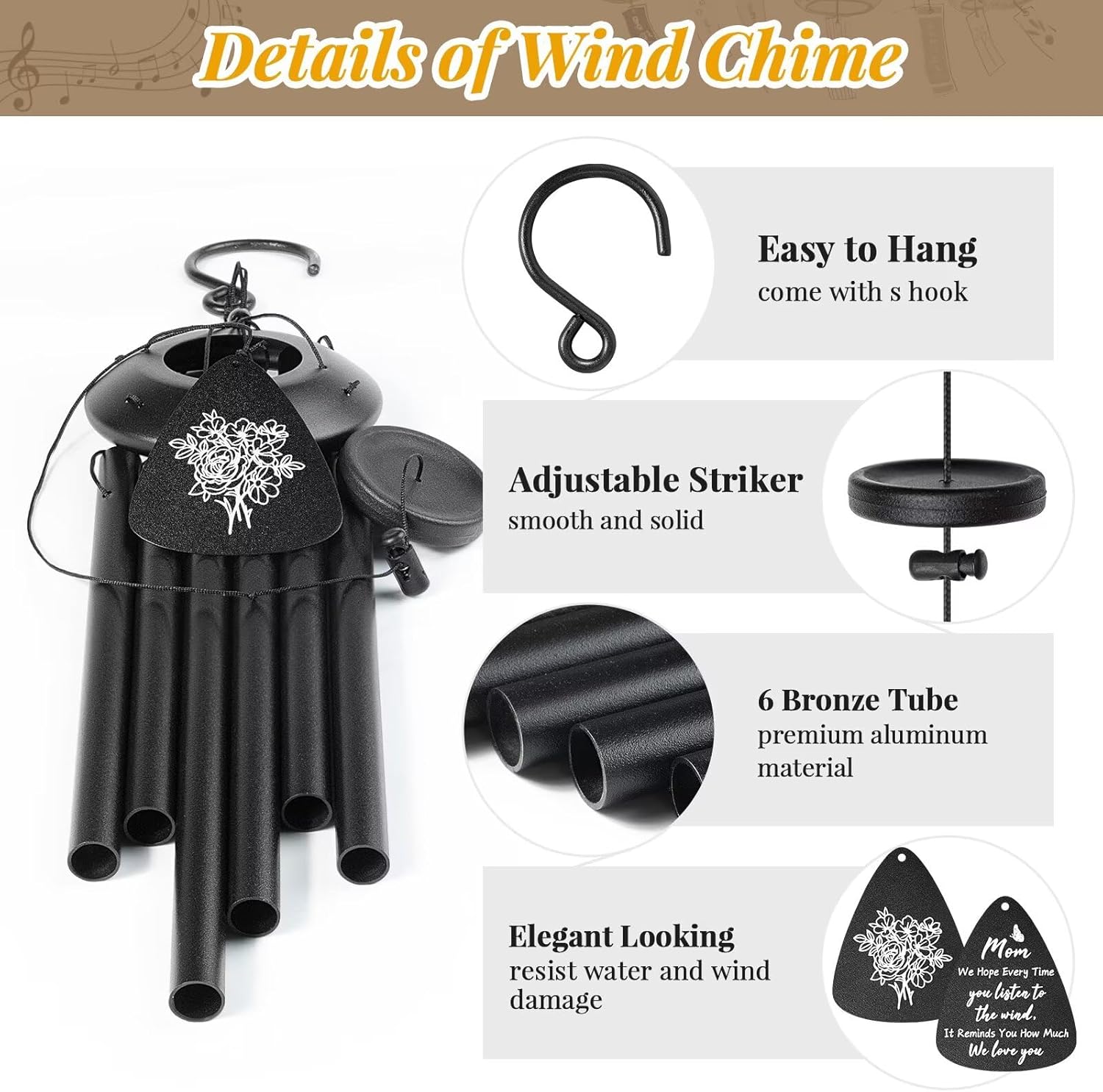 Gifts for Mom, 25''Wind Chimes Black, Mother Birthday Gifts for Mom from Daughter Son, Mother's Day Birthday Gift, Thanksgiving, Christmas，Moms Gift Ideas for Decorations