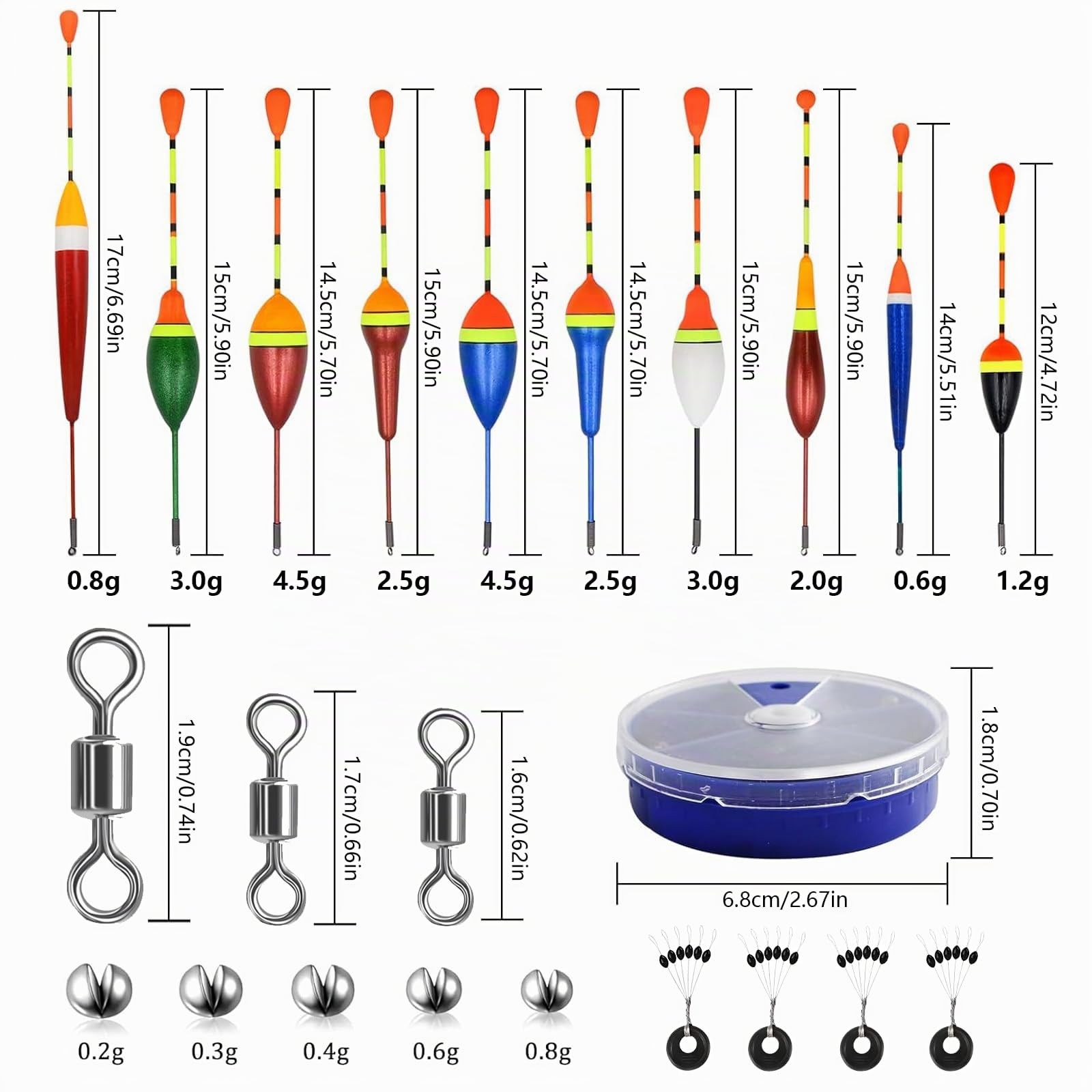 10Pcs Galleggianti da Pesca Galleggiante Pesca ad Alta Sensibilità Kit Pesca Mare 205Pcs Ciondolo Aperto 3Pcs Anello Girevole 4Pcs Stopper Galleggiante Pesca Adatto a Tutti i Tipi di Pesce