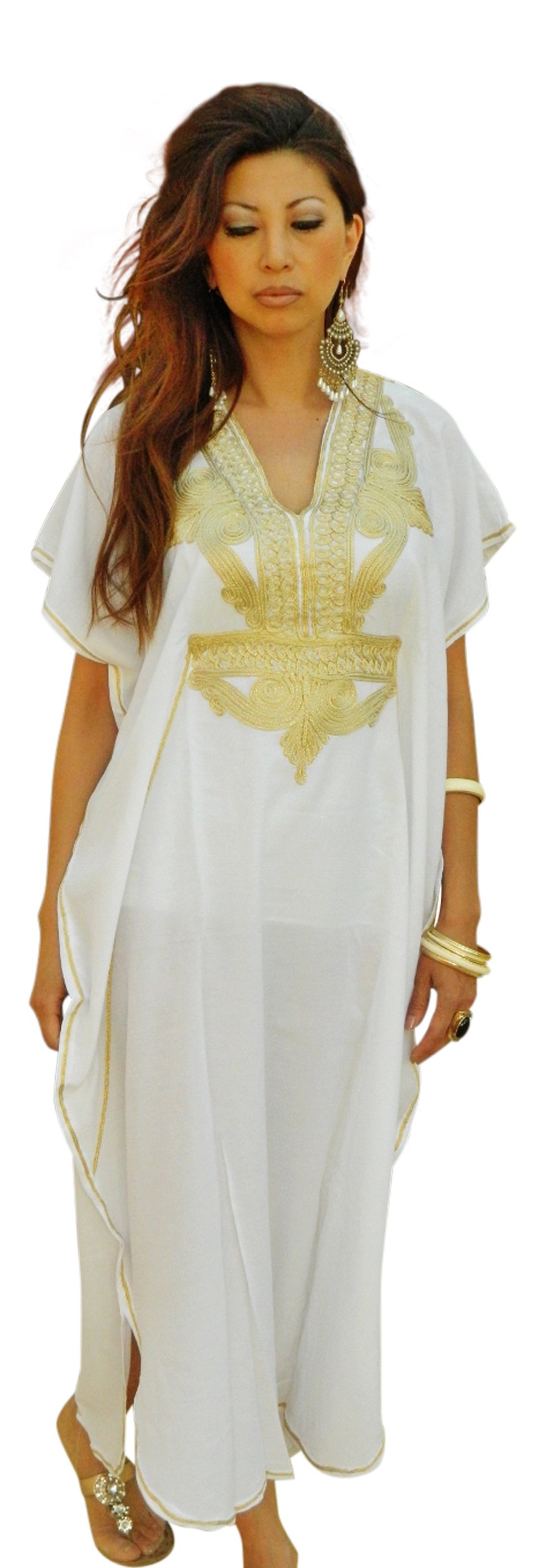 New Handmade Ladies Kaftan Resort Wear Cover-up Fashion White with Gold Marrakech Cotton Caftan