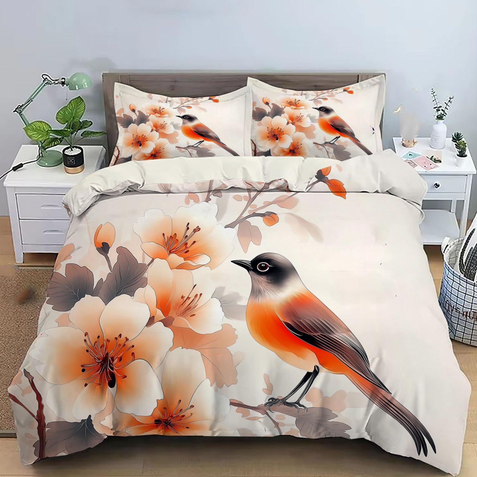 Housse de couette réversible 220x240 cm adulte imprimé oiseau fauvette orange