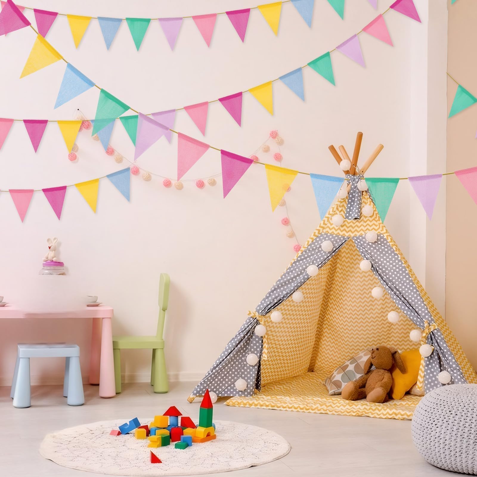 MARFOREVER 96 Stück Pastell-Wimpelflaggen, 2,5 m, künstliche Jute, dreieckige Banner, bunte Stoff-Wimpelkette, Klassenzimmer, Karneval, Girlande für Geburtstag, Festival, Braut, Outdoor, Innenbereich