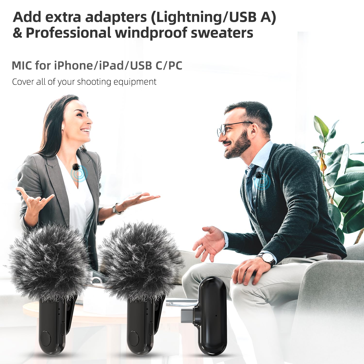 Lavalier Mikrofon Handy for iPhone/ipad/Android/USB c/PC, Smartphone Mikrofon Kabellos for Recording, Live Streaming, Noise Cancellation, No APP Needed (Schwarz-2 MIC)