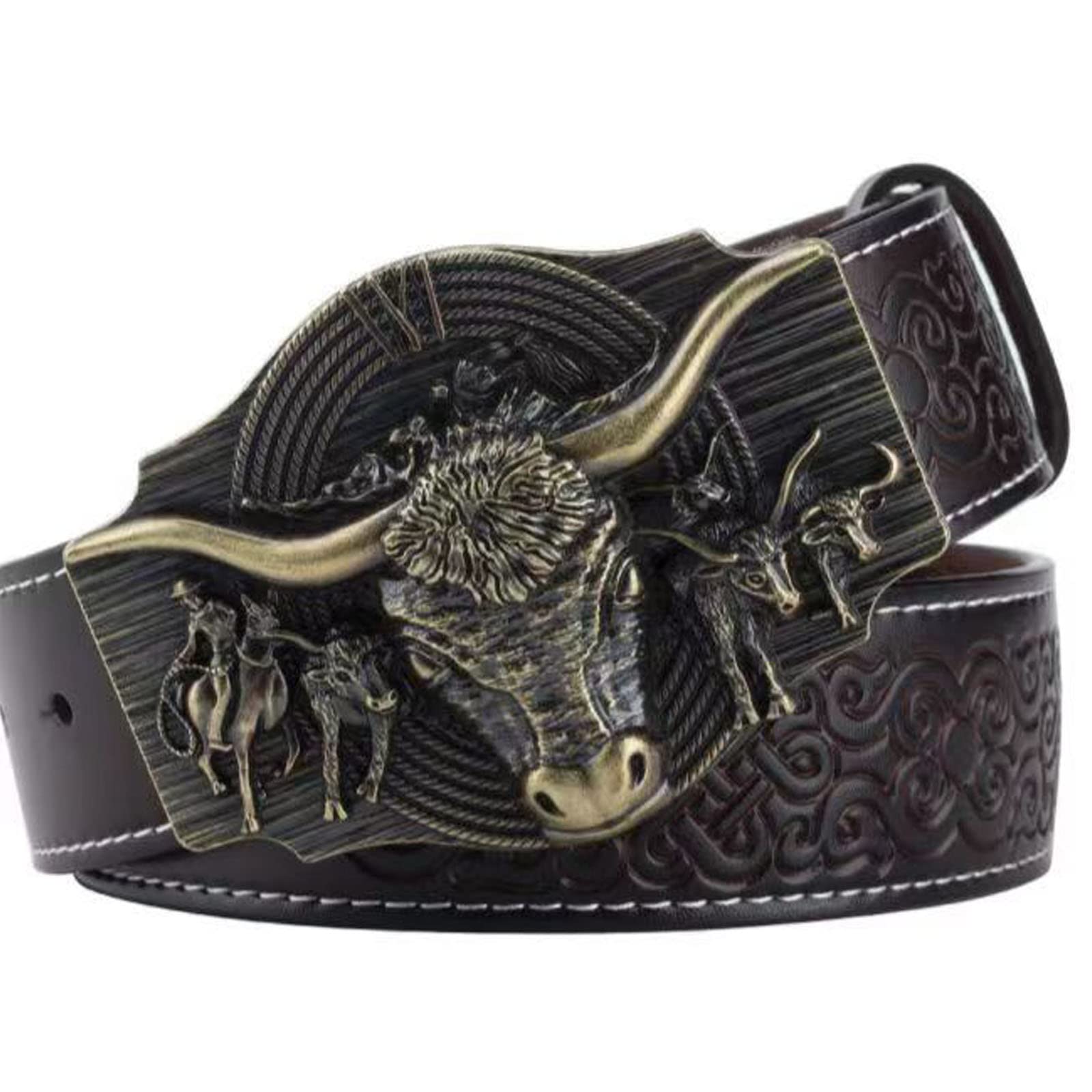 Wrjahcg Unisex Bronze Coffee Belt Western For Cowboy,Vintage Long Horn Bull Rodeo Western Cowboy Belt,,110Cm/43.3''