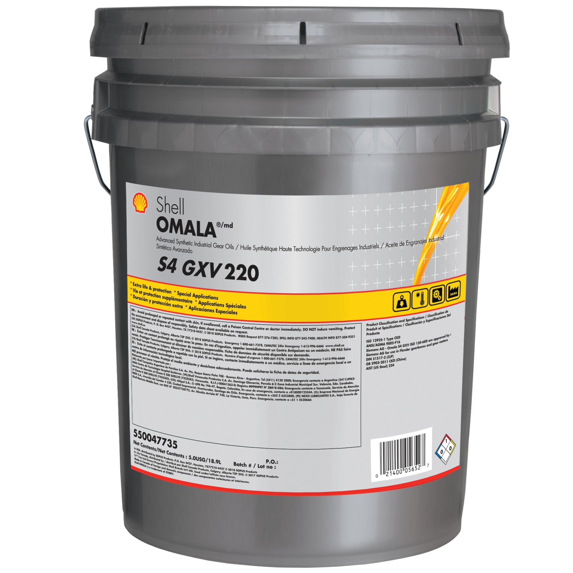 Shell Omala S4 GXV 220 Gear Oil, 5 Gallon Pail