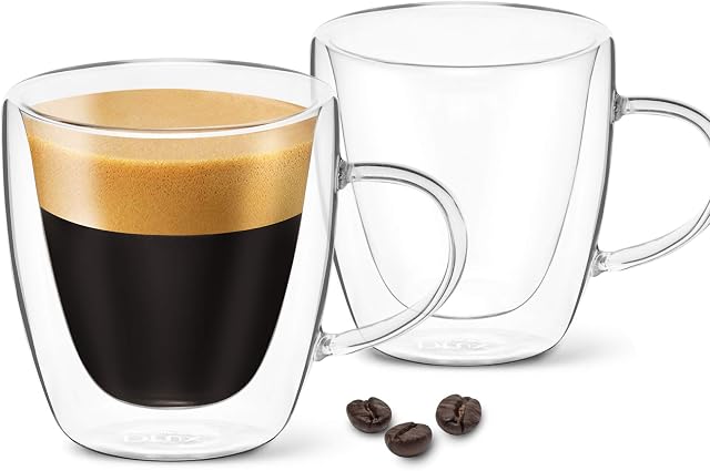 DLux Espresso Coffee Cups 80ml, Double Wall, Clear Glass Set of 2 3oz Glasses with Handles, Insulated Borosilicate Glassware Tea Cup