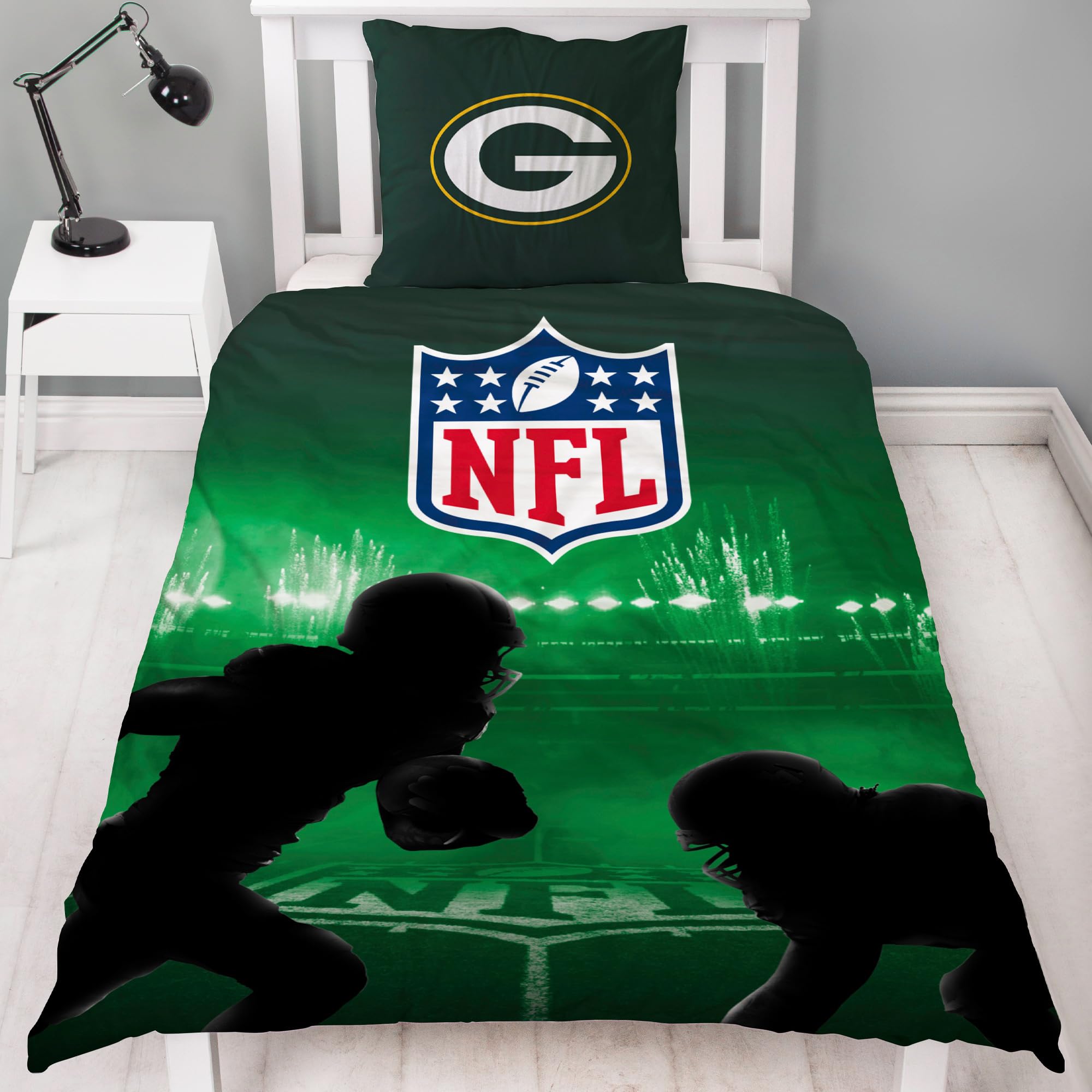 NFL Bettwäsche Green Bay Packers 135 x 200 cm + 80 x 80 cm 100% Baumwolle in Renforcé-Linon-Qualität mit Reißverschluss American Football Fan Super Bowl Cheeseheads Wende-Bezug deutsche Größe