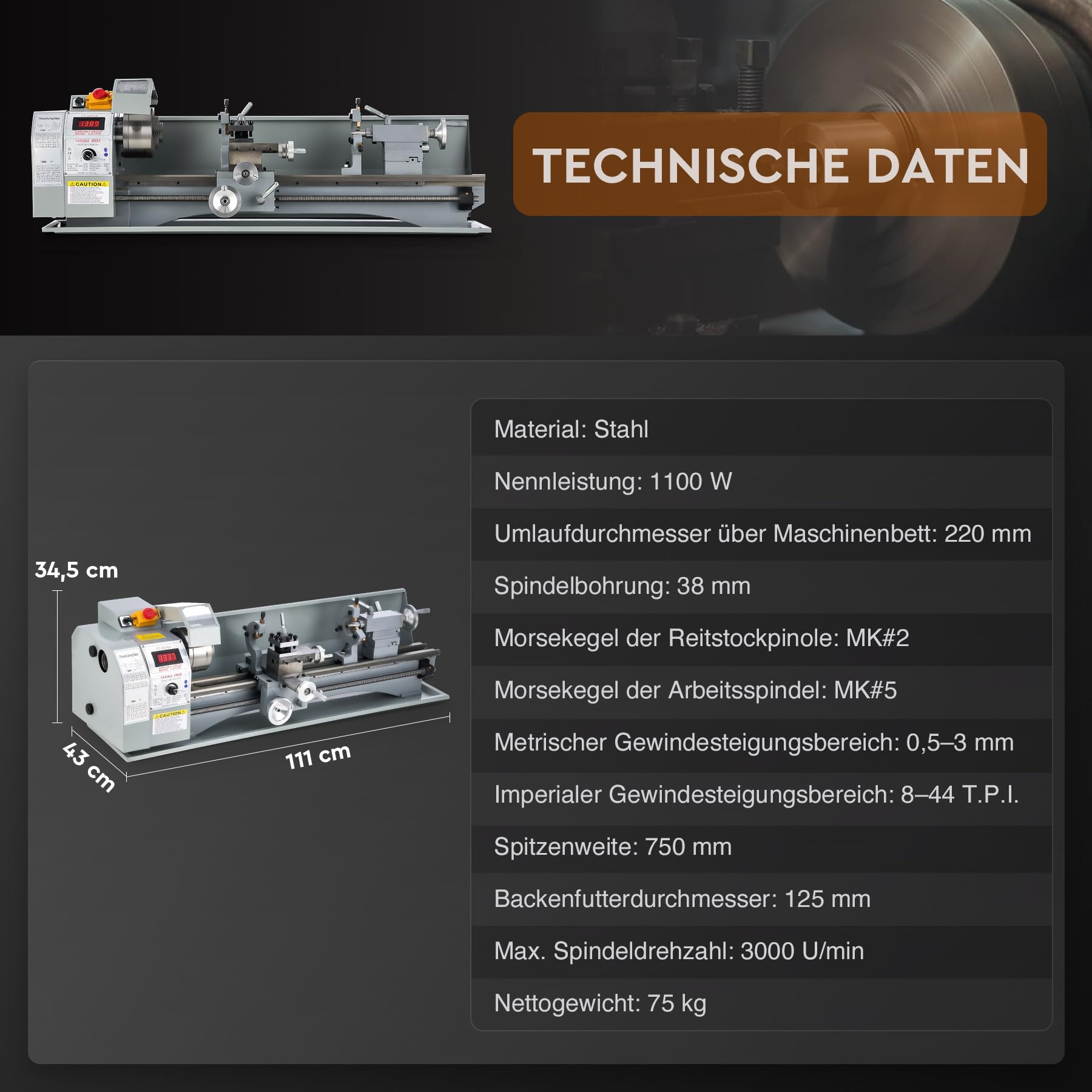 CREWORKS Metalldrehmaschine 1100 W Metalldrehmaschine 220 x 750 MM Drehmaschine Tischdrehmaschine 0-3000 U/min mit 3-Backenfutter für Heimwerker-Holz- und Metallbearbeitung