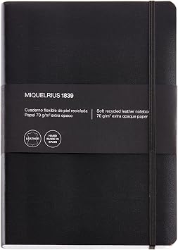 Miquelrius Flexible Leather Handmade Journal, Large, Black, Grid 5mm Paper Pages, Soft Bound Journal,A5 5.75" x 8.25", 300 sheets / 600 pages, Squared, Graph, Grid Pattern Premium Paper