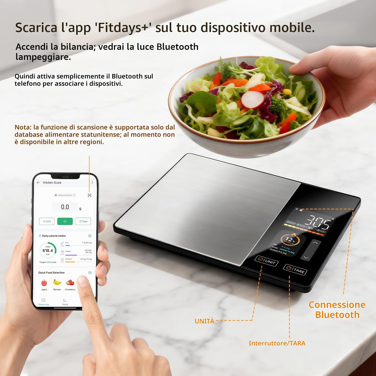 Bilancia da cucina intelligente con calcolo dei valori nutrizionali, bilancia da cucina smart con 24 analisi dei valori nutrizionali, bilancia da cucina con app gratuita e supporto Bluetooth, supporta