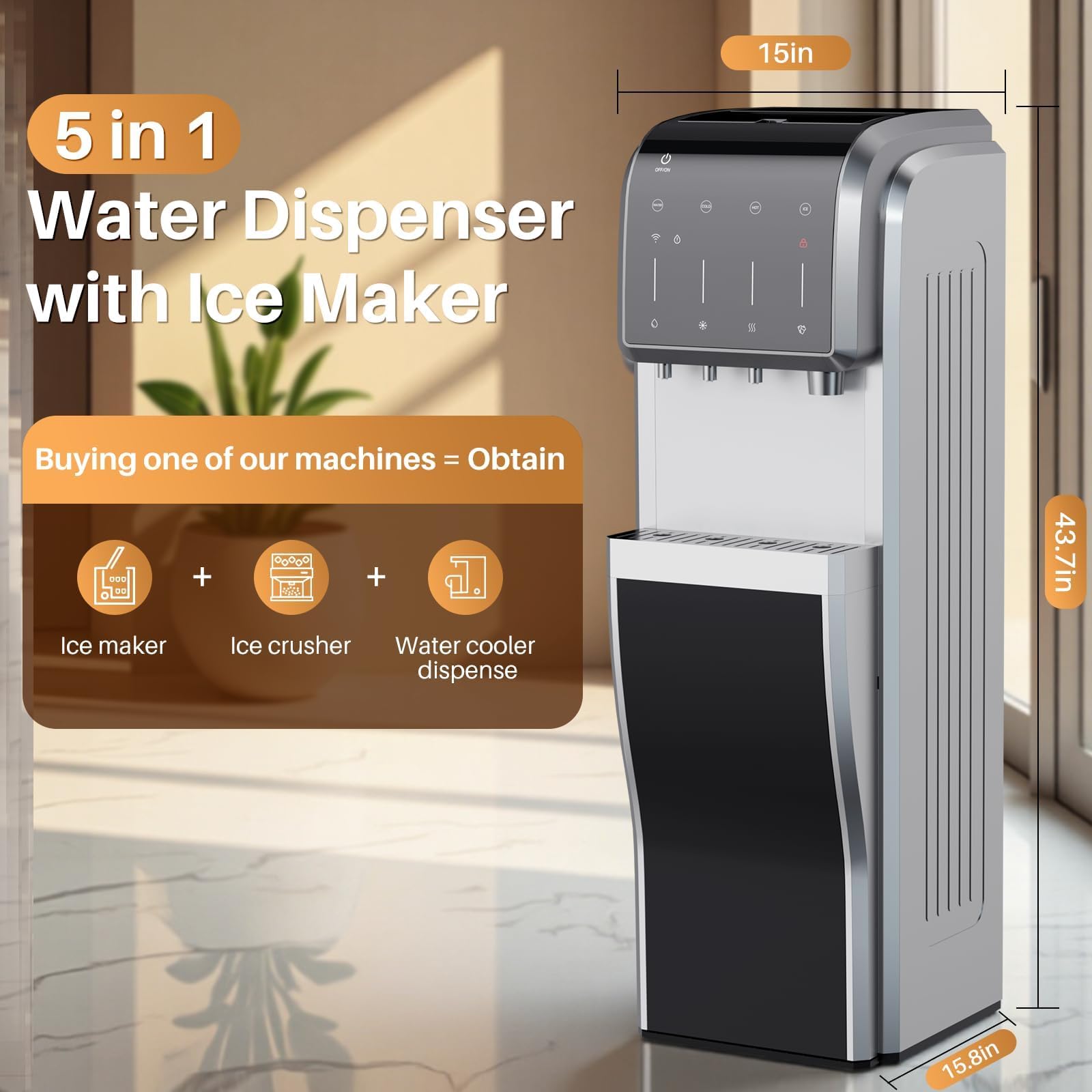 EXCELPURE 5-in-1 Bottom Loading Water Dispenser with Ice Maker, 3 Temperatures Settings - Hot, Cold and Room Water Cooler for 5 Gallon Bottle, Child Safety Lock, 35lbs/24H, WiFi, Stainless Steel on Fridge.com