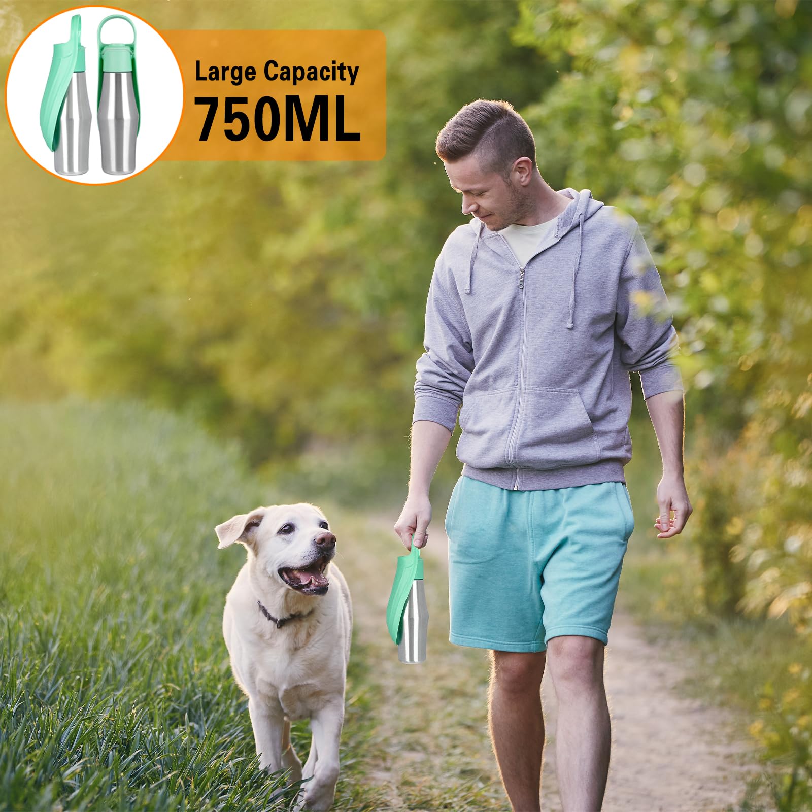 Borraccia per Cani 750ml in Acciaio Inossidabile - Portatile, Antibatterico, a Prova di Perdite, per Uso Alimentare - Pieghevole per Bere All'aperto