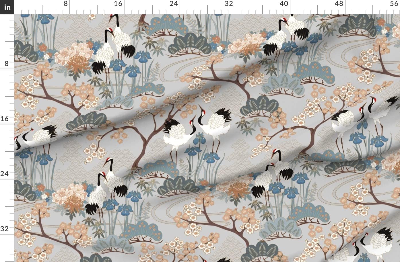 Spoonflower Fabric - Large Scale Japanese Garden Grey Asian Floral Birds Animals Printed on Organic Cotton Sateen Fabric by The Yard - Sewing Quilting Apparel Home Decor