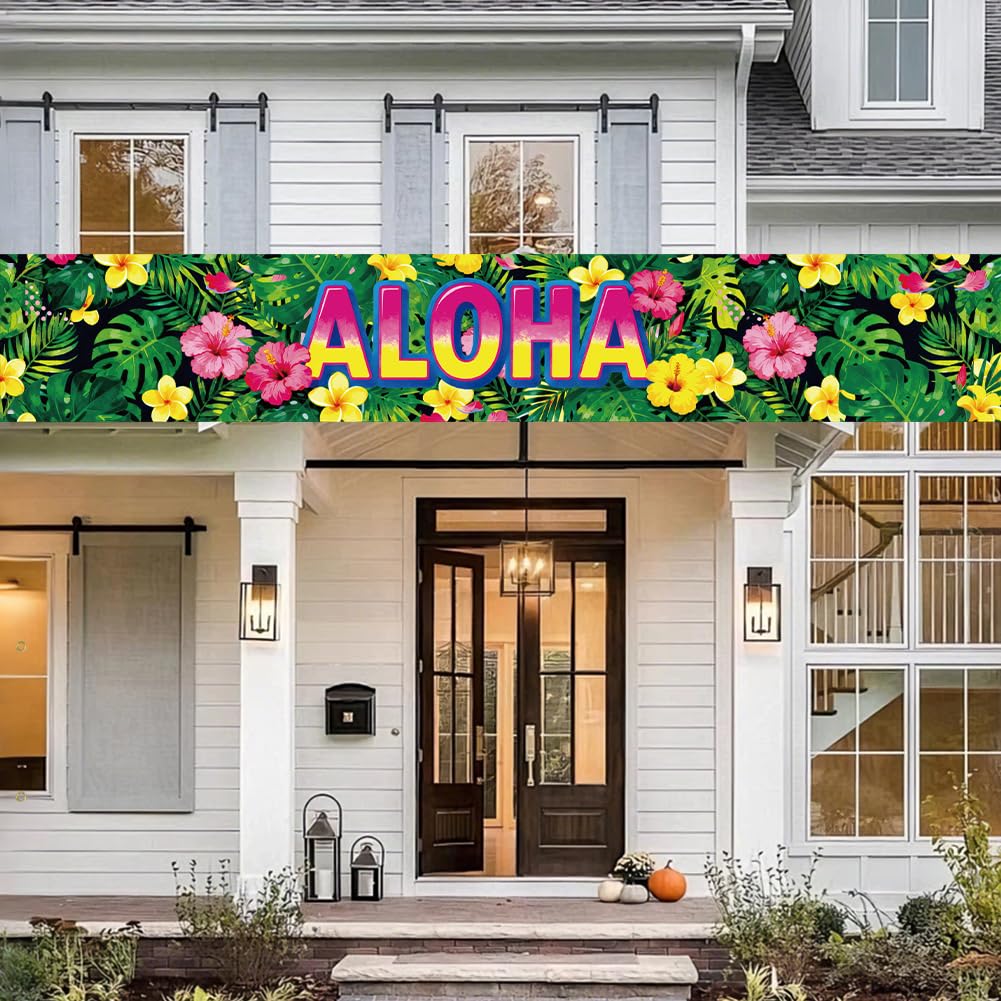 PRESSINART Hawaiian Aloha Party Banner Aloha Party Backdrop 118 x 19.7 Inch Tropical Plant Flower Pattern Polyester Yard Sign Background with 10M Rope for Outdoor or Indoor House Decorations Supplies - Image 4