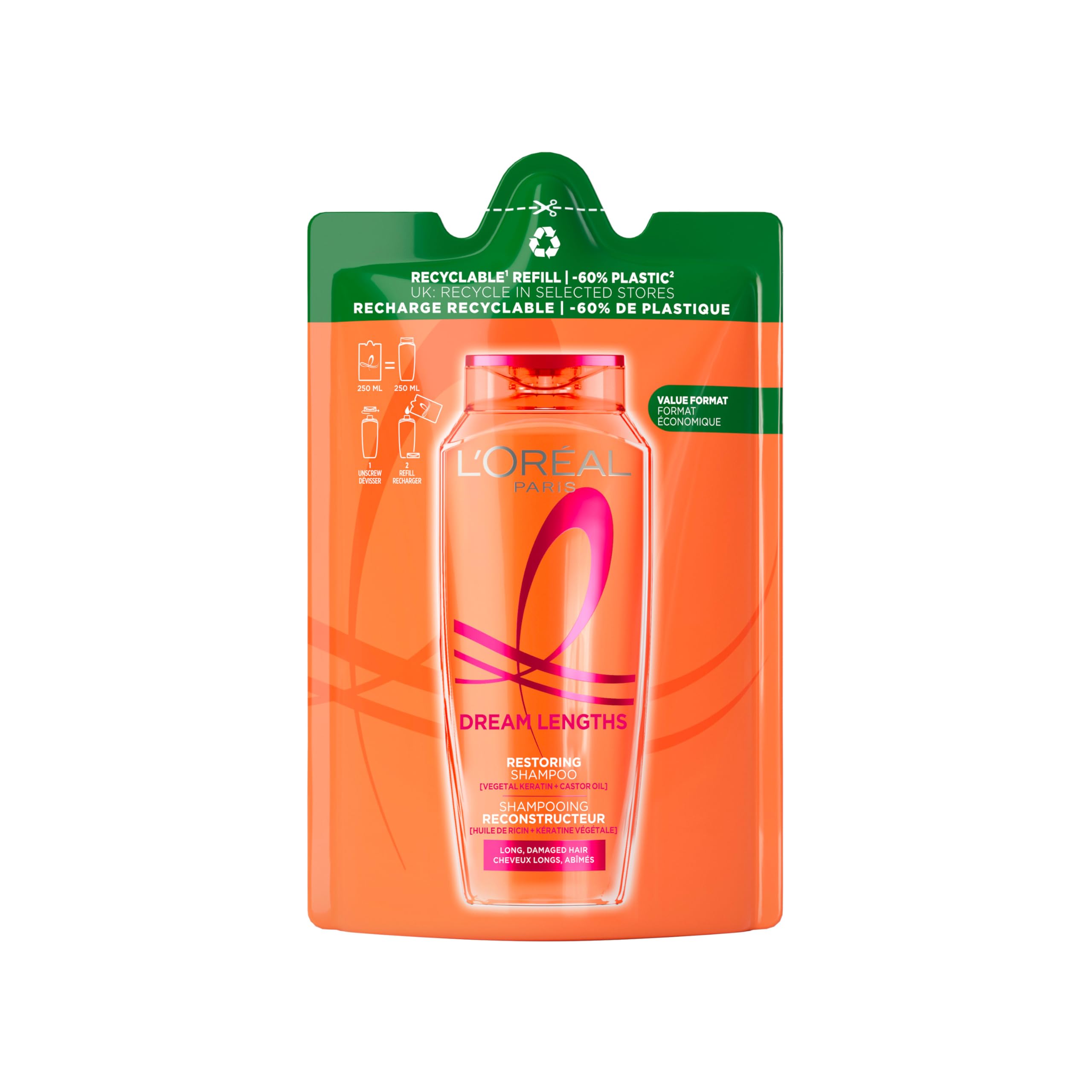 L'Oréal Paris Elvive Repair Shampoo for Long and Straight Hair, Regenerated and Long Hair without Double Tips, with Keratin and Castor Oil, Dream Length, 250 ml