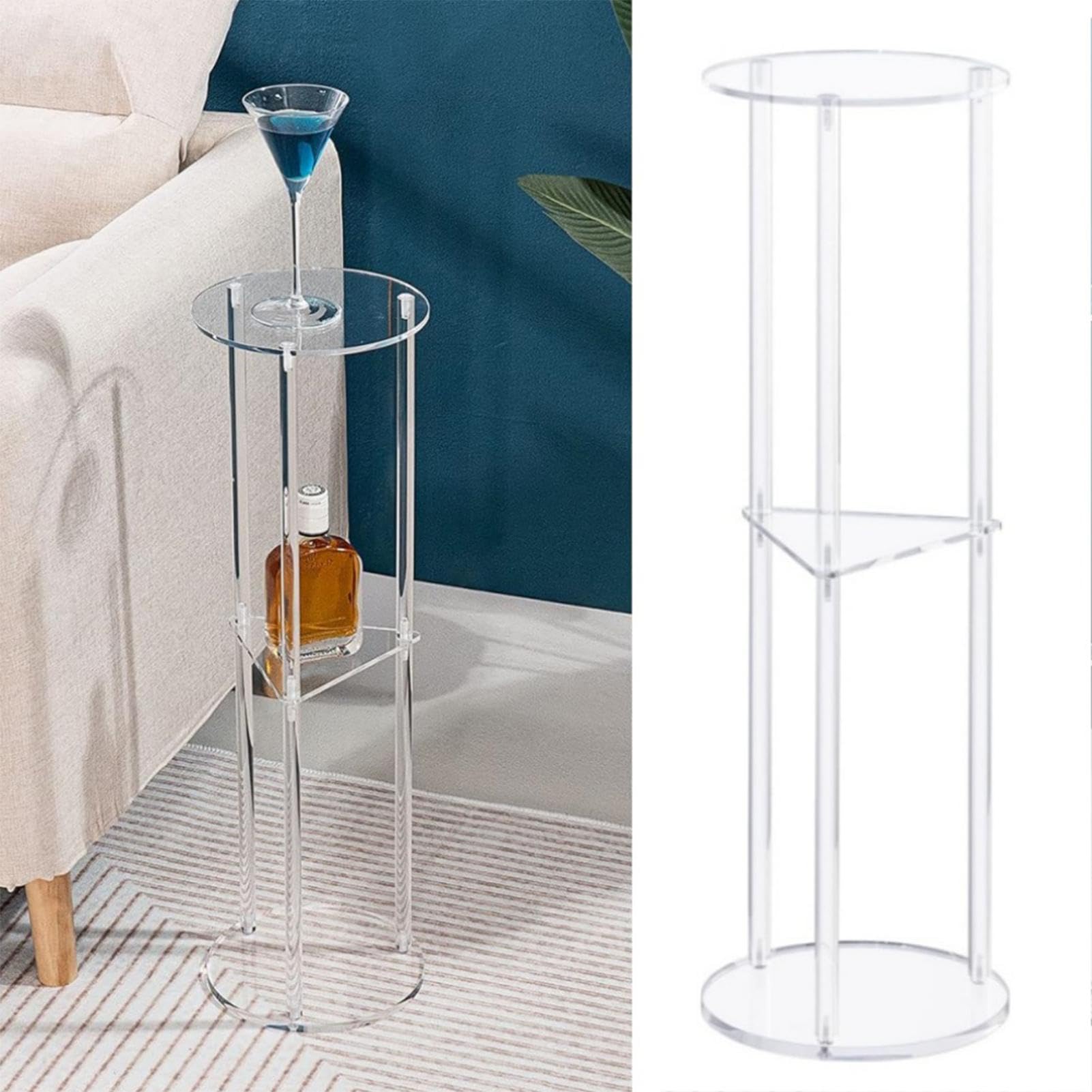 Tavolino Acrilico Rotondo Trasparente, 3 Ripiani | Comodino Sottile e Alto | Tavolo Multi-livello 61 x 20 x 20 cm | Versatile per Camere da Letto, Soggiorni e Spazi Piccoli