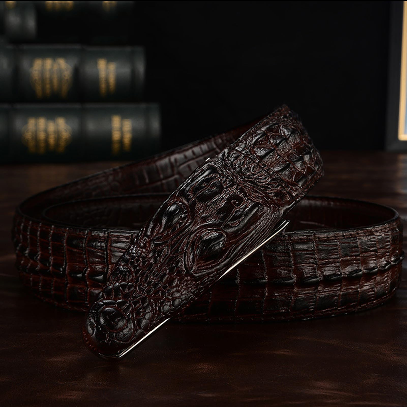 AGUTALITHIC Alligator Backbone Skin Pattern Embossed Leather Belt Strap for Men, Handmade Crocodile Head Engraved Snap Buckle(125cm/49, Brown)