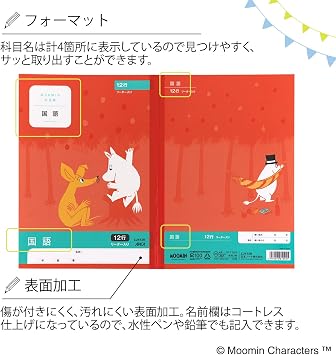 Apika LU412R Moomin Study Notebook, Japanese Language, 12 Lines, B5, 10 Notebooks,
