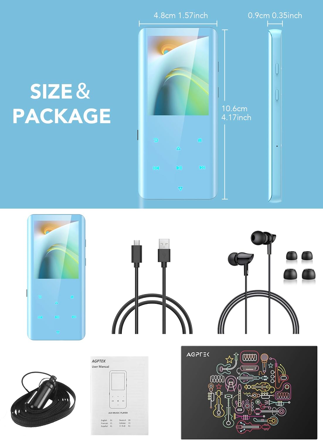 AGPTEK 32GB MP3 Player with Bluetooth 5.0, 2.4 inch Screen Lossless Sound Music Player with Speaker Portable Digital Audio Player Supports FM Radio, Recordings, Supports up to 128GB (Blue) - Image 7