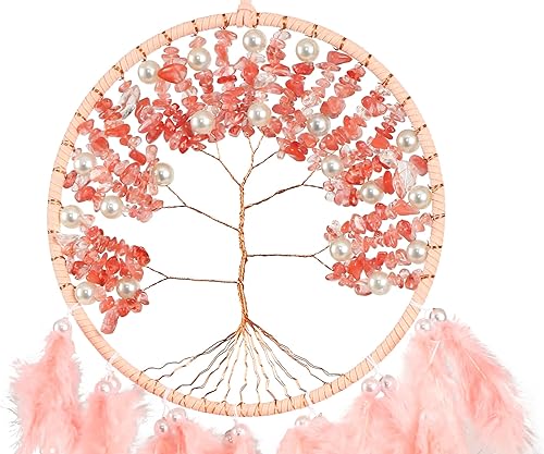 Miniatura 7 de Atrapasueños grandes del árbol de la vida, plumas de gallo rosa con ágata roja, atrapasueños de chakras hecho a mano para dormitorio, un