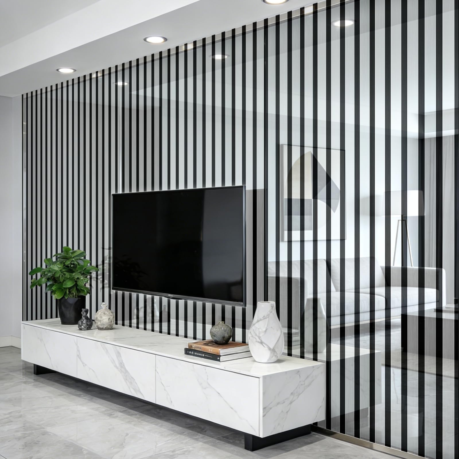 Snewvie Silver Mirrored Self Adhesive Wallpaper, 2.2mm Thick 3D Striped Mirror Wallpaper Peel and Stick, Waterproof Soundproof Decorative Wall Paper for Living Room Bedroom(1 Roll 40x300cm)