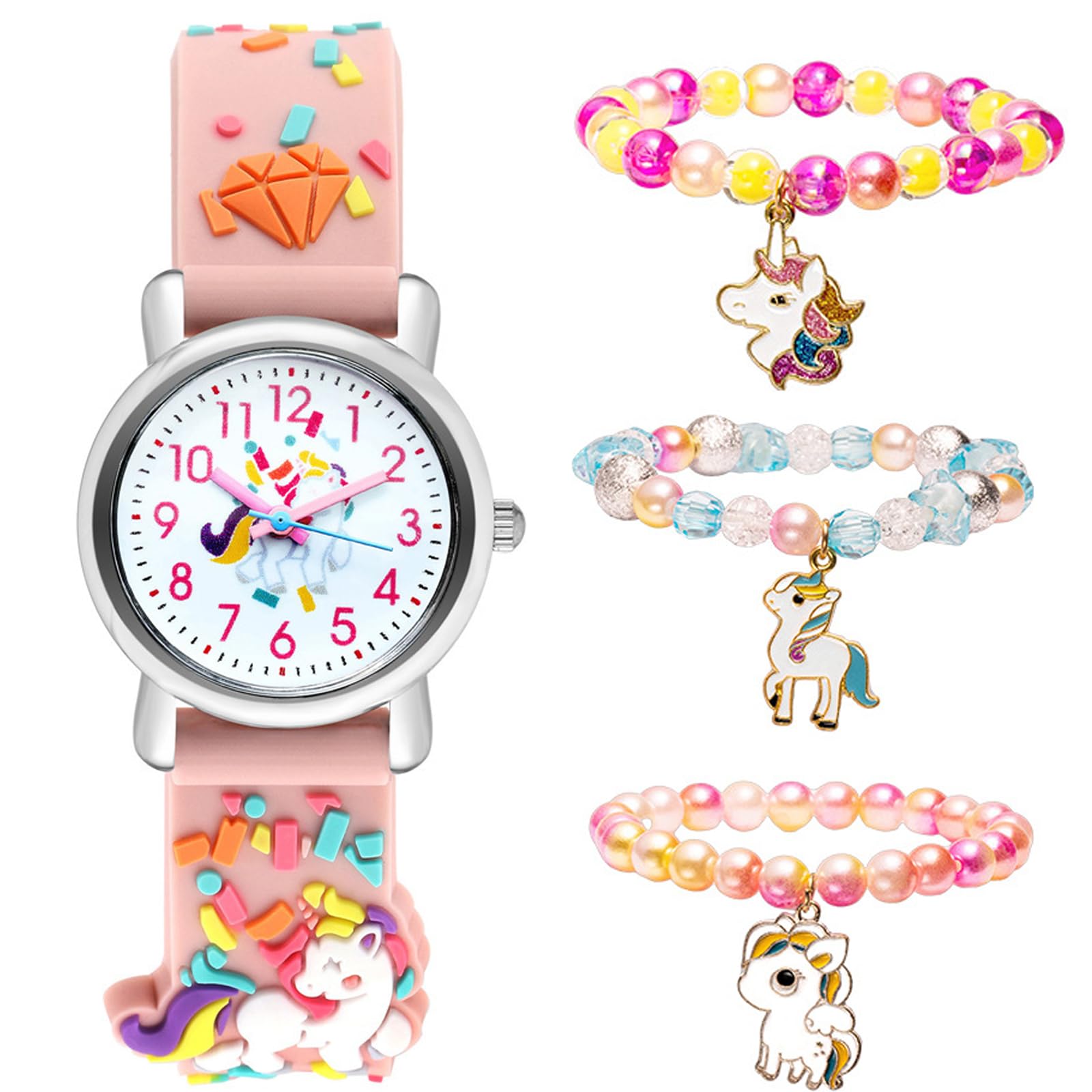 Kids Watches for Girls with 3 PCS Bracelets, Toddler Watches Cute Cartoon Children Wrist Watch Easy Read Time Teacher Waterproof Watch