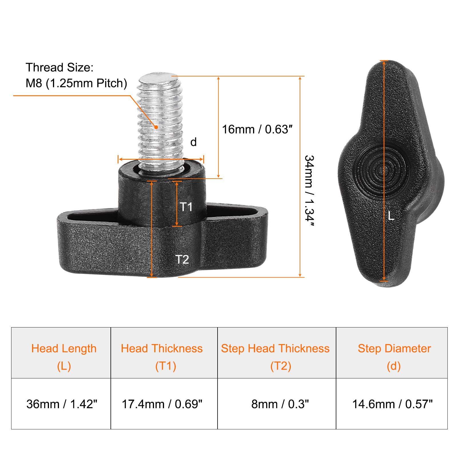 HARFINGTON 10pcs Wing Knobs M8 x 16mm Male Thread Plastic Tee Stud Knobs T Threaded Handles Hand Clamping Tightening Thumb Screws Thumbscrew, Black