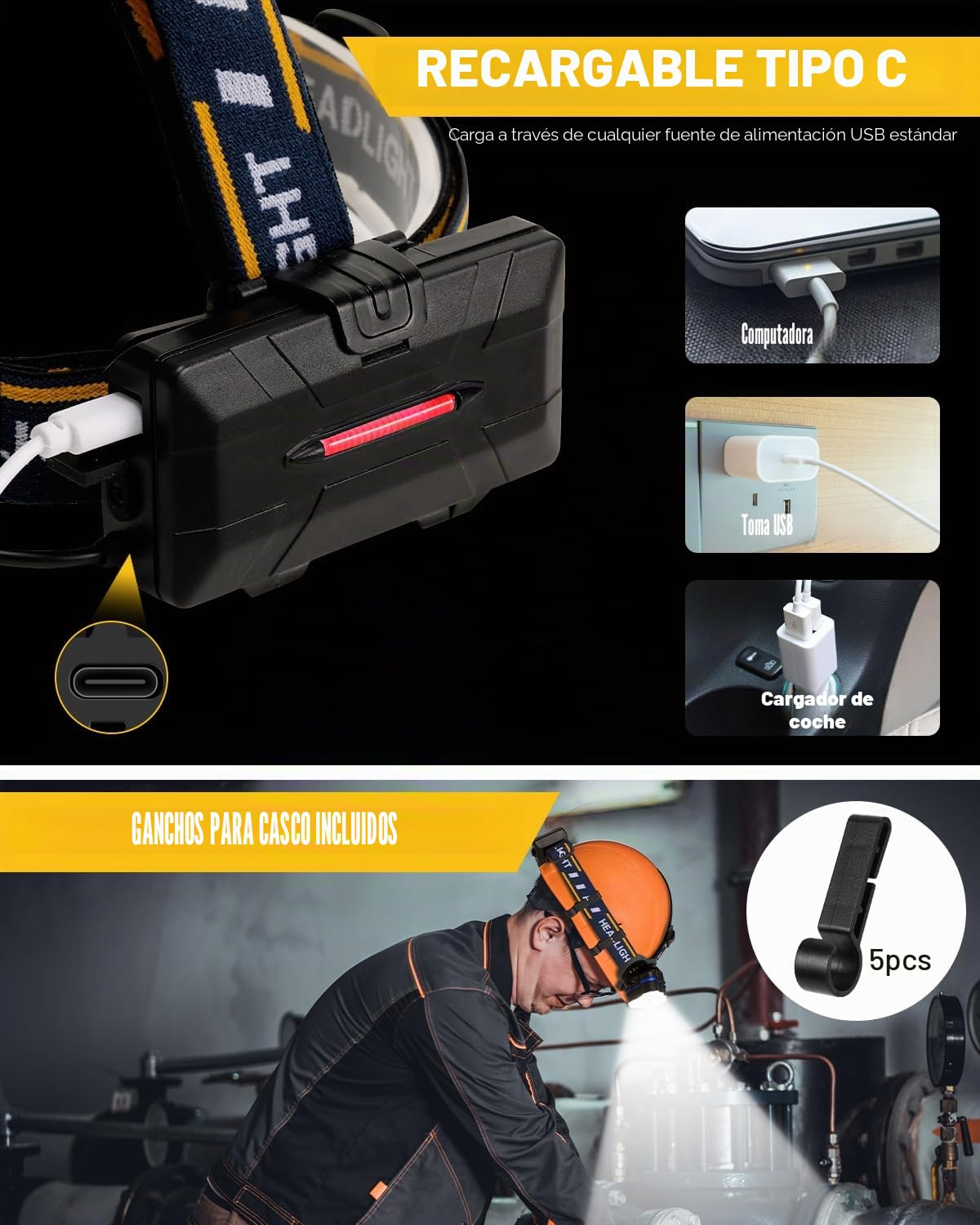 E Hyted Linterna Frontal LED Recargable 18000 Lúmenes 8 Modos IPX4 Impermeable