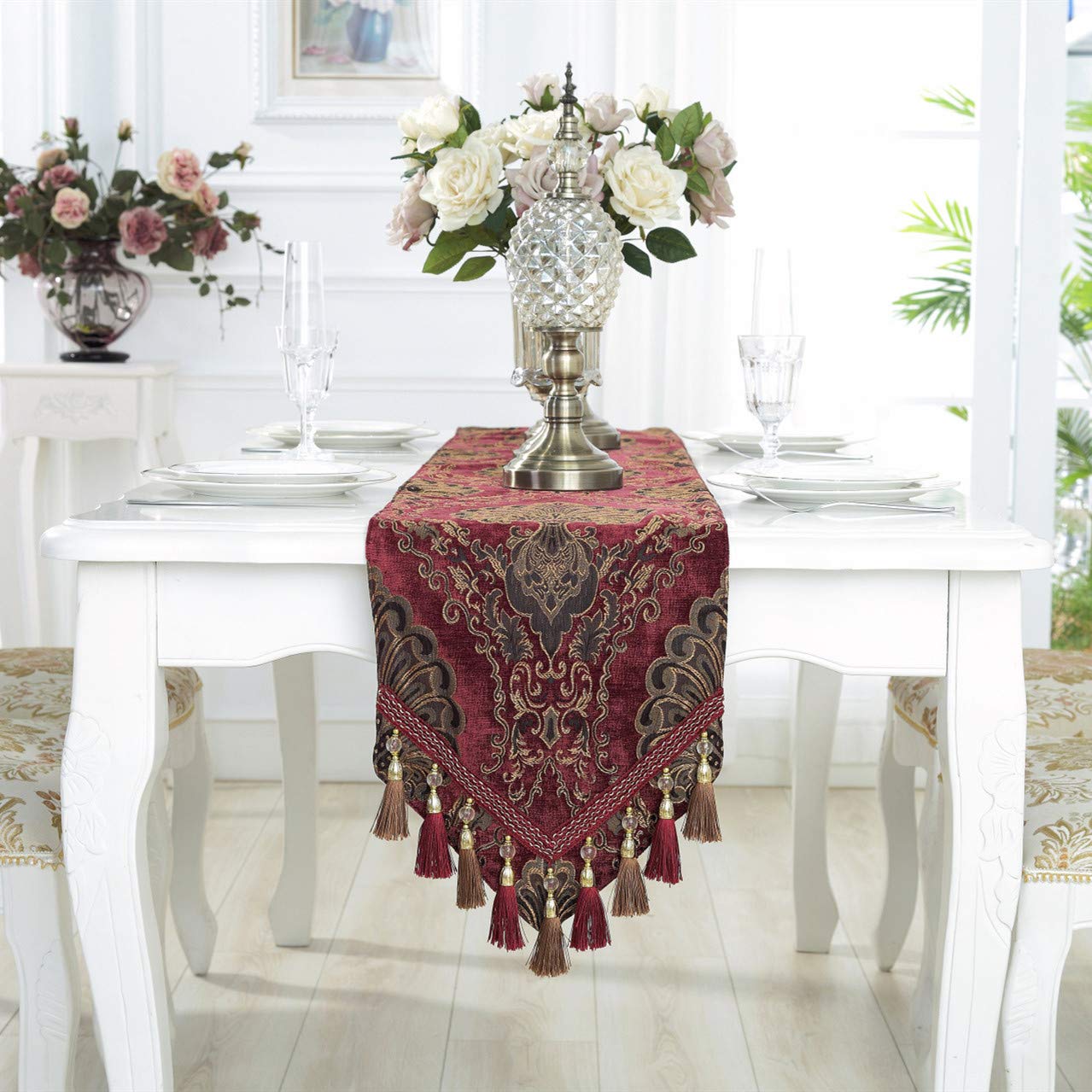 Stickerei Luxus Tischl?Ufer Jacquard Stoff Tischl?Ufer mit Mehreren Quasten f¨¹r Esszimmer Kommode Hochzeitsfeier Dekorationen, 33x180cm, Rot