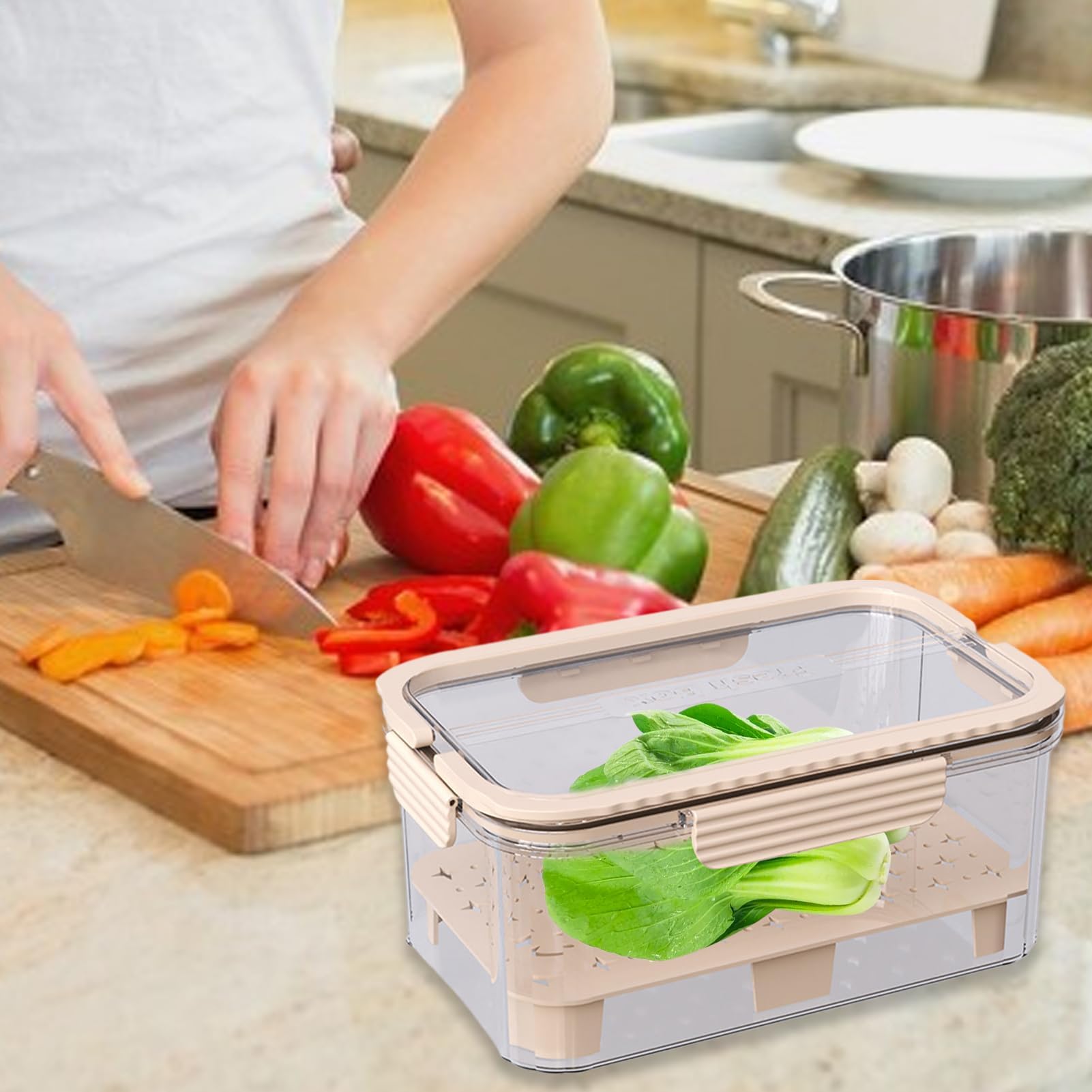 Chrupiące pudełko do przechowywania świeżych produktów – wielofunkcyjny pojemnik z tacą drenażową na warzywa, owoce i mięso - idealny do kuchni, kempingu i pikników