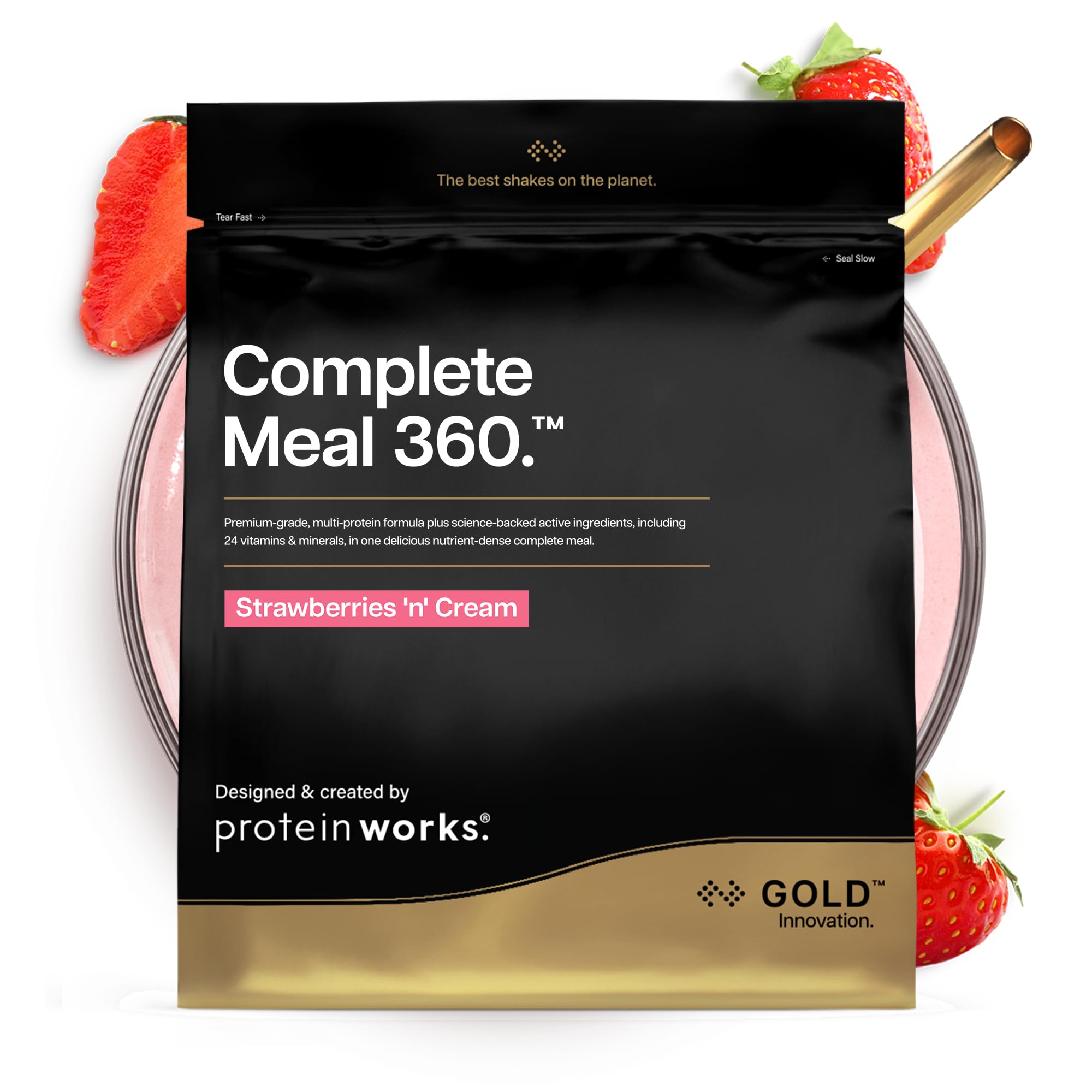 Protein Works | Complete Meal 360 - GOLD Innovation, Mahlzeitenersatz Shake, High Protein, Omega 3, 165 gesundheitliche Vorteile, Hält 3-5 Stunden Lang Satt, Erdbeer-Sahne, 20 Mahlzeiten, 2kg