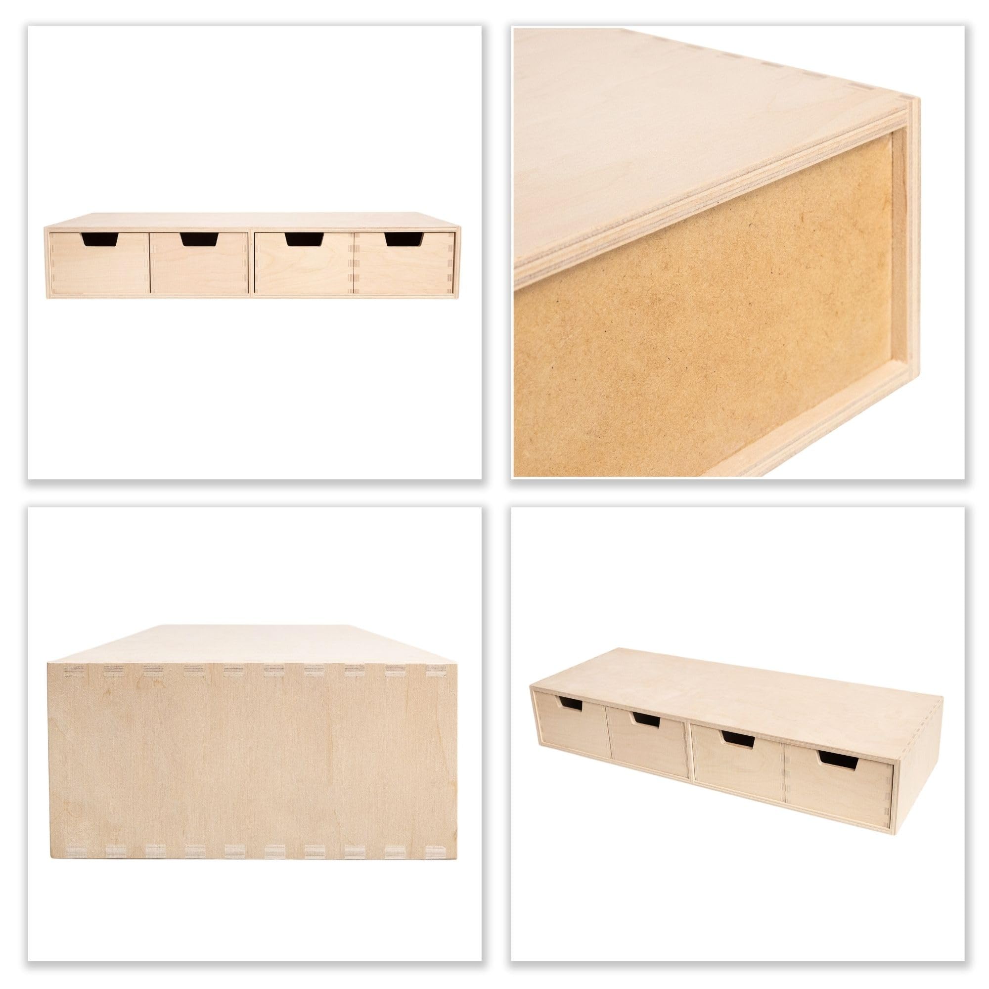 Creative Deco Mini Cassettiera in Legno | 4 Cassetti | 56 x 20,5 x 10 cm (+/- 1 cm) | Scatola Armadio di Stoccaggio | Compensato non Verniciato | Perfetto per Conservare. Decoupage e Decorazioni