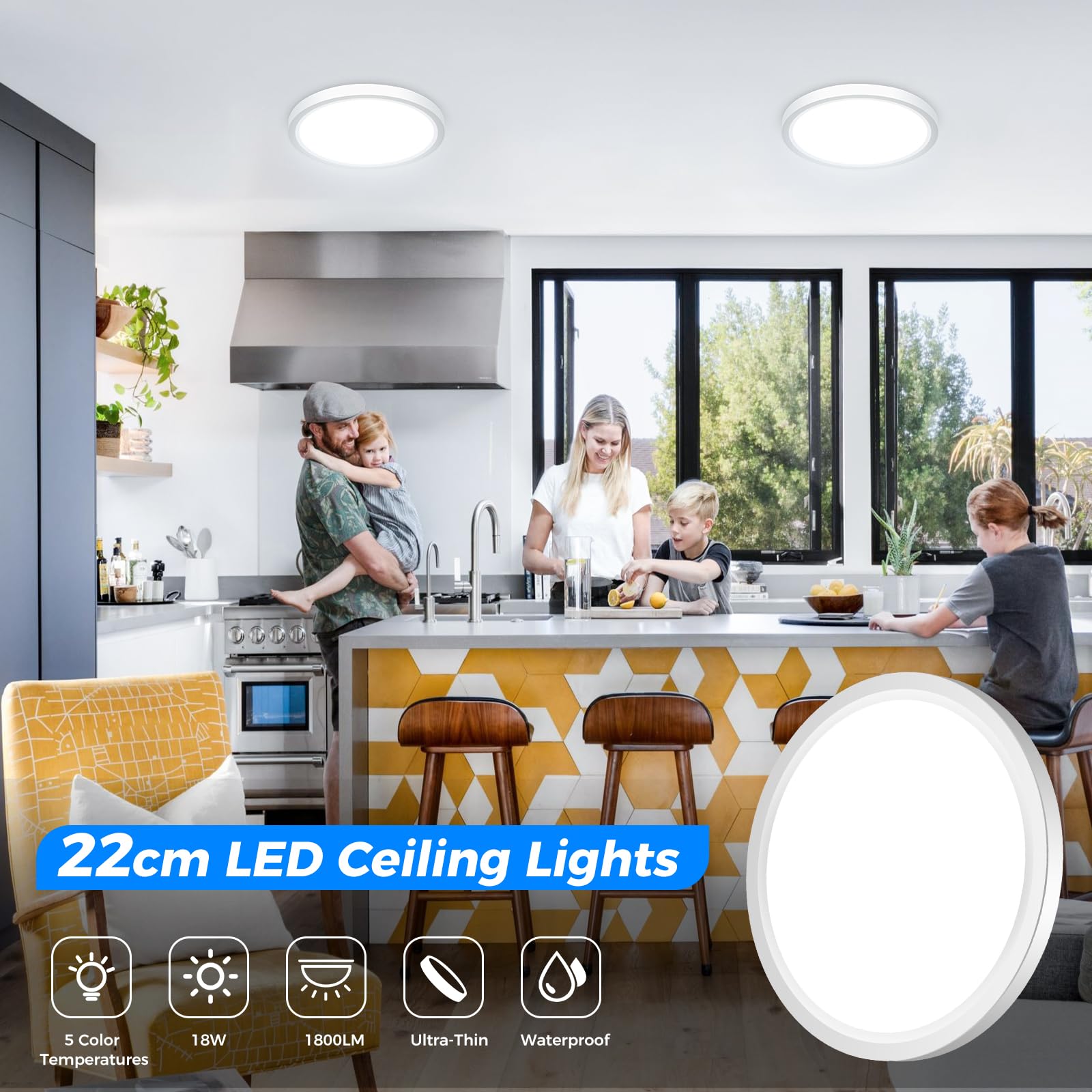 Peasur Bathroom Light diameter 22cm, 18W 1800LM LED Ceiling Light, 3000K/3500K/4000K/5000K/6500K 5 Color Temperature - Image 3