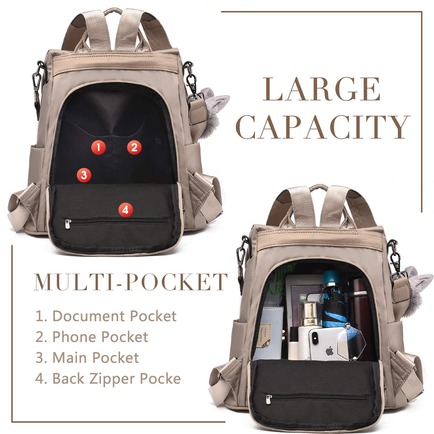 Charmore Zaino da Donna Antifurto Borse Nylon impermeabile Daypack Spalla per Viaggio Lavoro Scuola